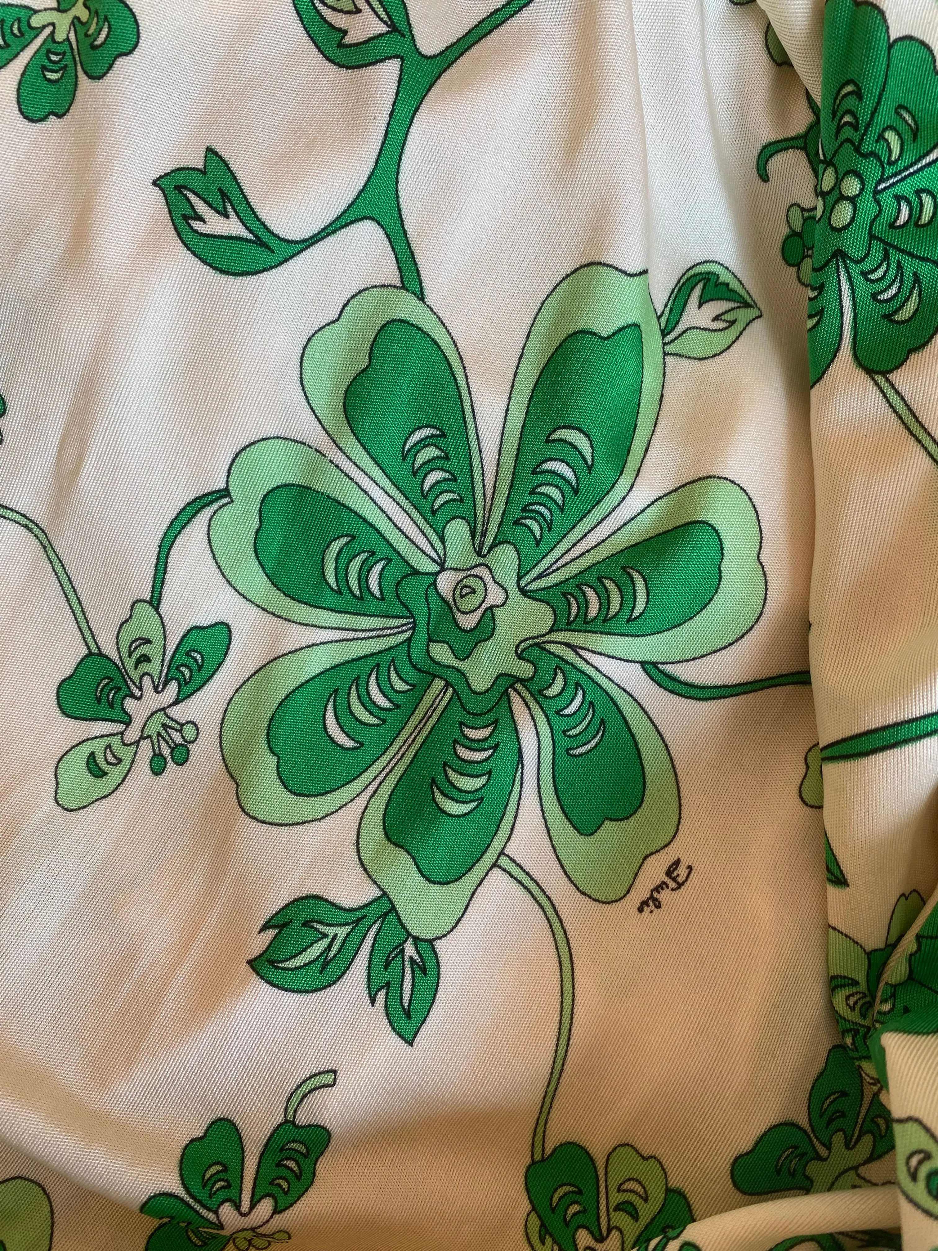 Chic Vintage Pucci Silk Jersey 1970's Green Clover Dress By Emilio Pucci / Medium