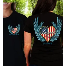 Country Life Outfitters Angel Black USA Heart American Flag Wings Vintage Girlie Bright T Shirt