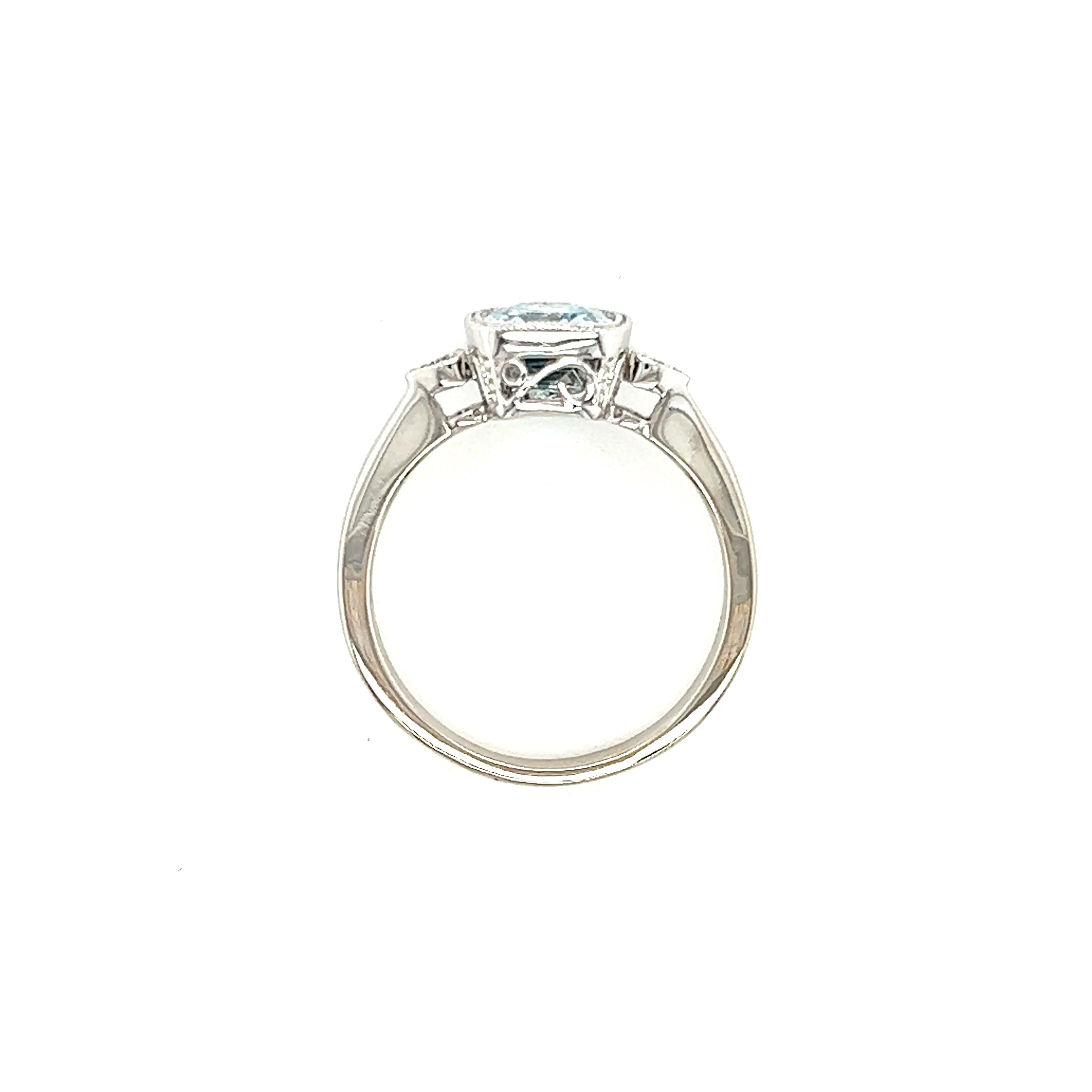 Cushion Aquamarine Ring with Side Diamonds and Milgrain in 14K White Gold