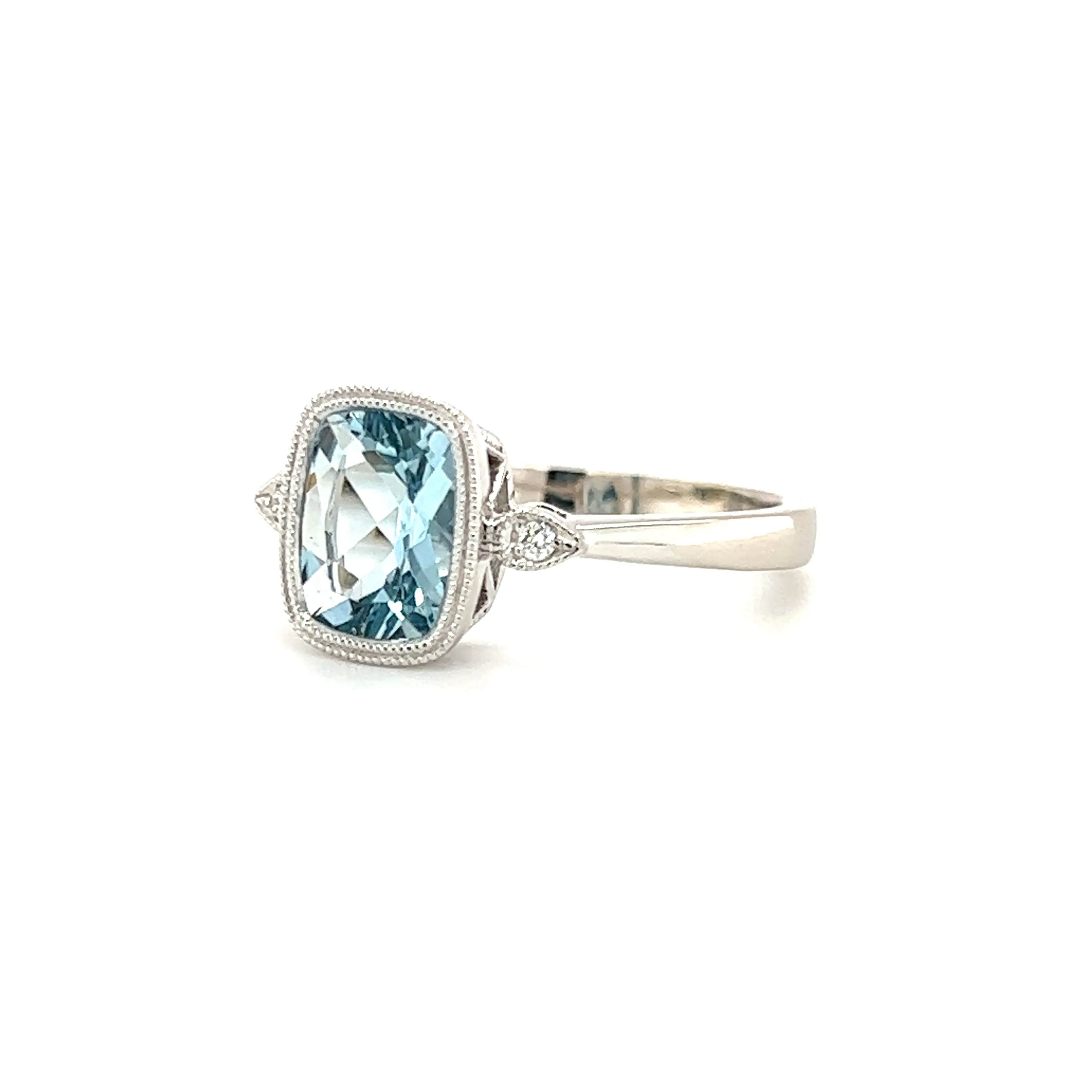 Cushion Aquamarine Ring with Side Diamonds and Milgrain in 14K White Gold