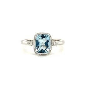 Cushion Aquamarine Ring with Side Diamonds and Milgrain in 14K White Gold