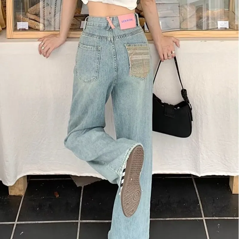 deanwangkt Baby Blue Loose Straight Jeans Women's High Waist Thin Summer Thin Design Tassel Versatile Wide Leg Pants Trend