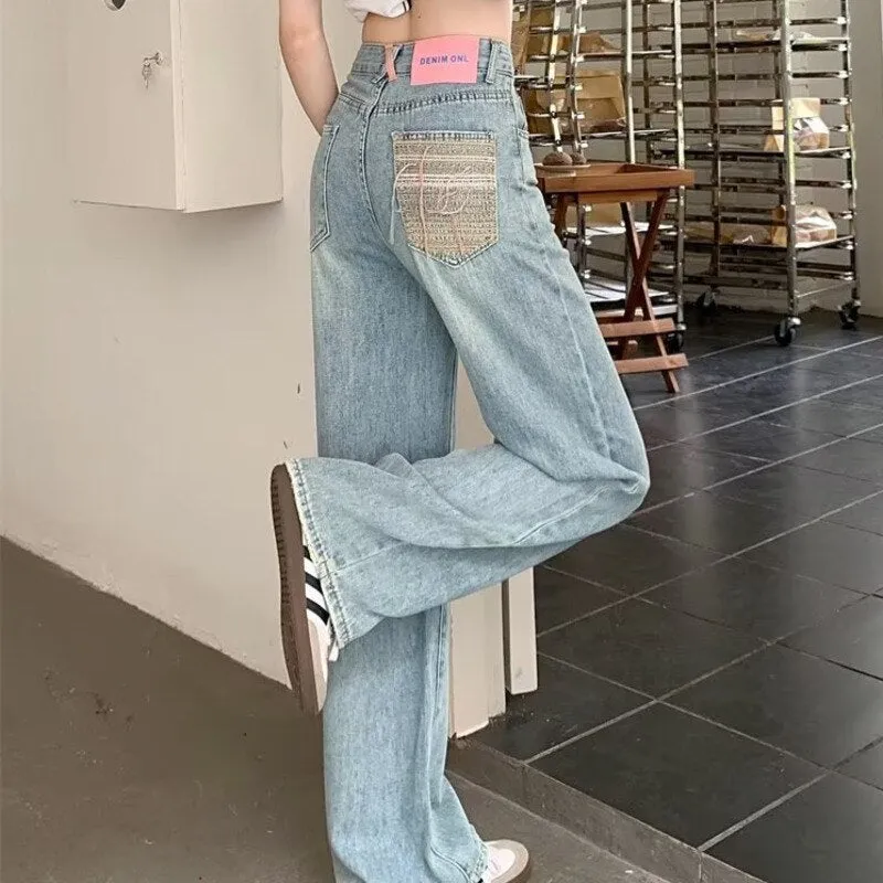 deanwangkt Baby Blue Loose Straight Jeans Women's High Waist Thin Summer Thin Design Tassel Versatile Wide Leg Pants Trend