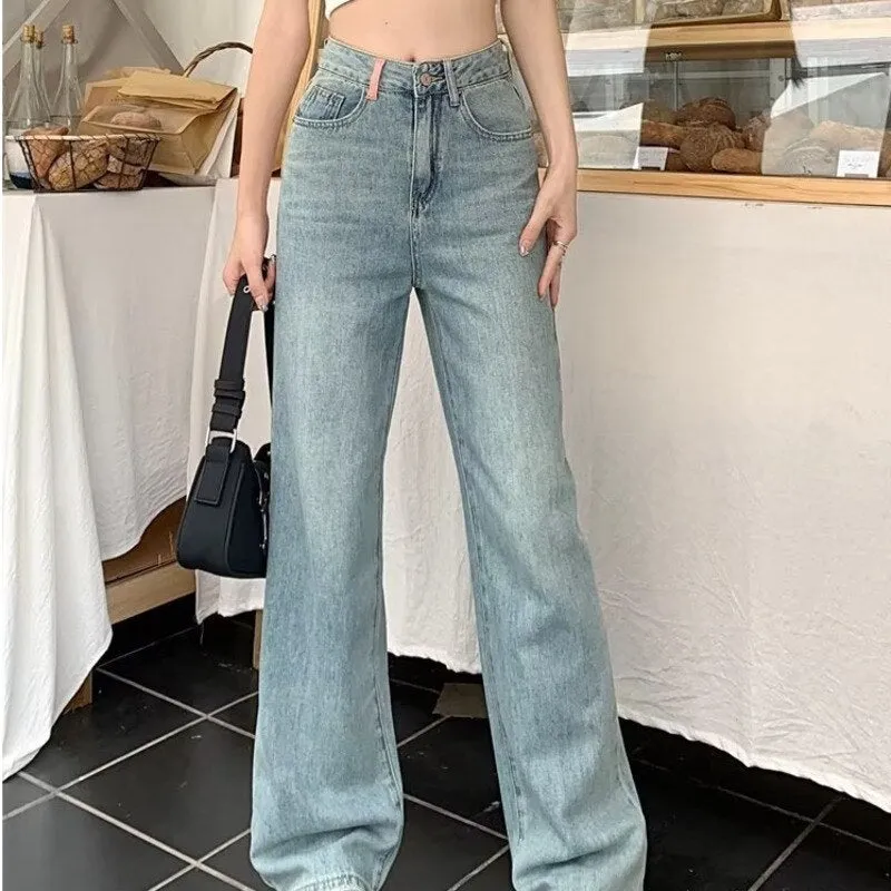 deanwangkt Baby Blue Loose Straight Jeans Women's High Waist Thin Summer Thin Design Tassel Versatile Wide Leg Pants Trend