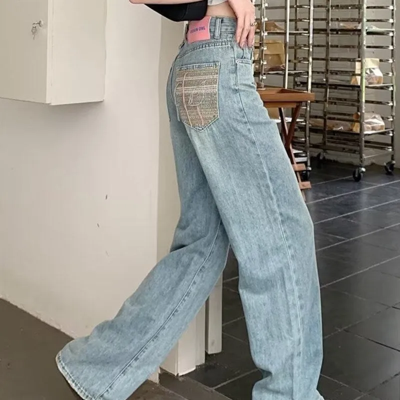 deanwangkt Baby Blue Loose Straight Jeans Women's High Waist Thin Summer Thin Design Tassel Versatile Wide Leg Pants Trend