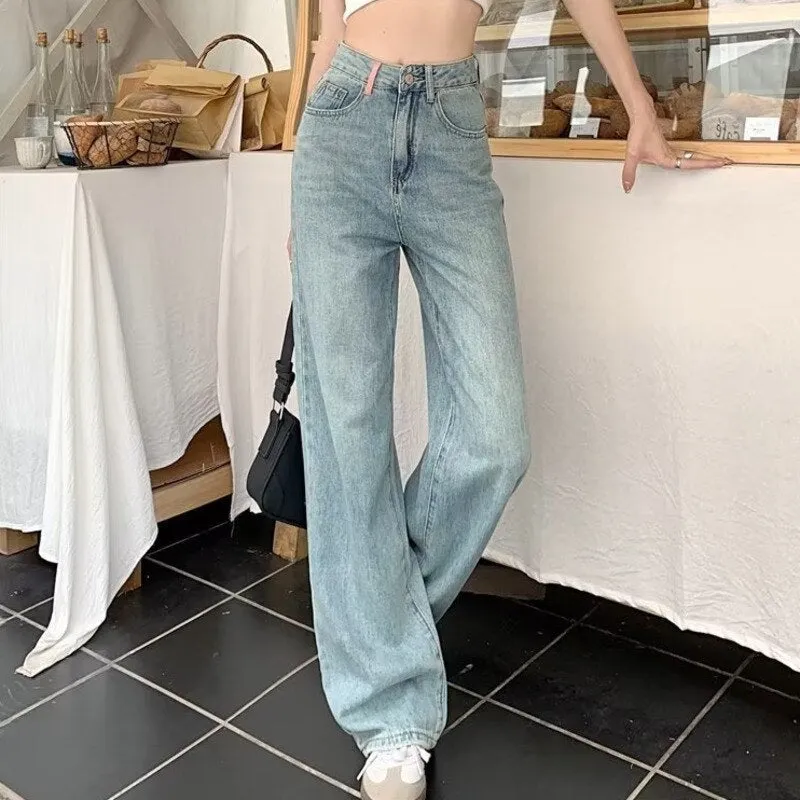 deanwangkt Baby Blue Loose Straight Jeans Women's High Waist Thin Summer Thin Design Tassel Versatile Wide Leg Pants Trend