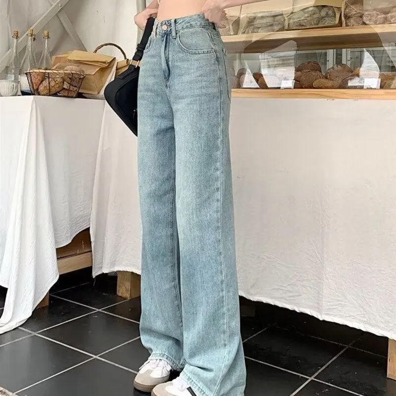 deanwangkt Baby Blue Loose Straight Jeans Women's High Waist Thin Summer Thin Design Tassel Versatile Wide Leg Pants Trend