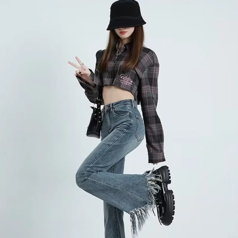 deanwangkt Women's Spring And Autumn New Vintage Blue Tassel Elastic High Waist Slim Horseshoe Pants With Rugged Edge Micro Horn Jeans