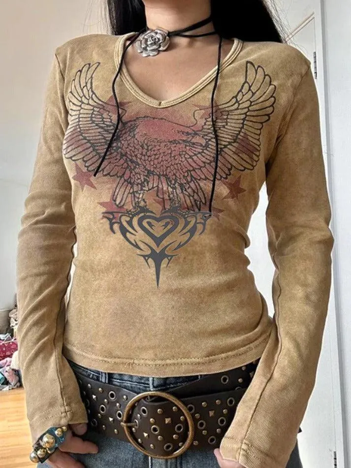 Eagle Print V Neck Long Sleeve Knit