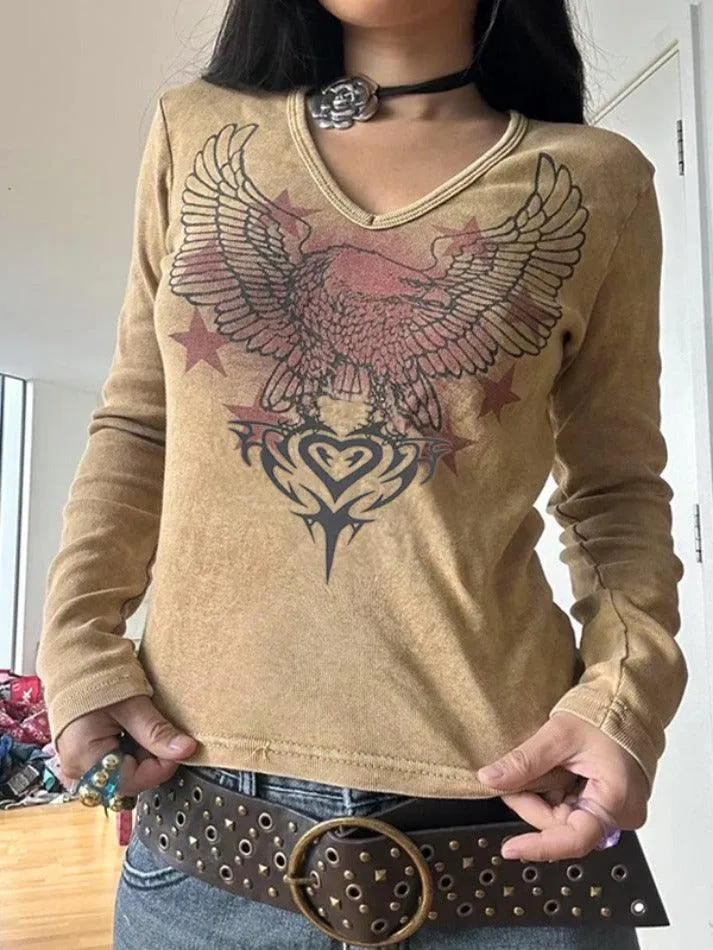 Eagle Print V Neck Long Sleeve Knit