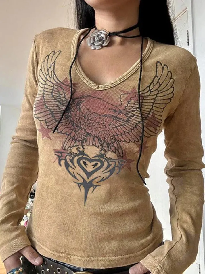 Eagle Print V Neck Long Sleeve Knit