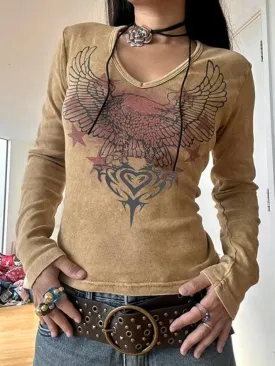 Eagle Print V Neck Long Sleeve Knit