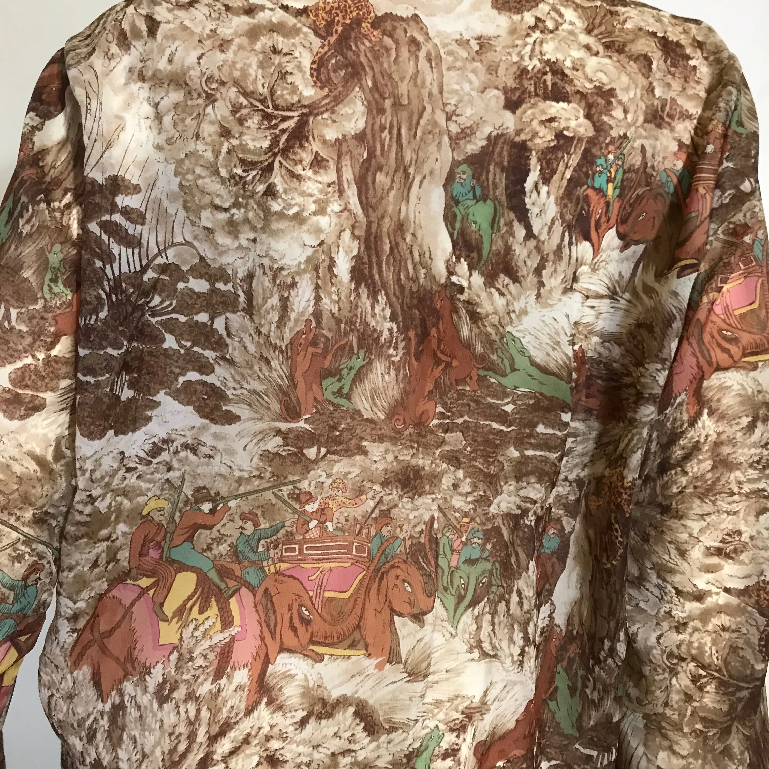 Fantastical Elephant Hunting Safari Semi-Sheer Novelty Print Blouse circa 1970s