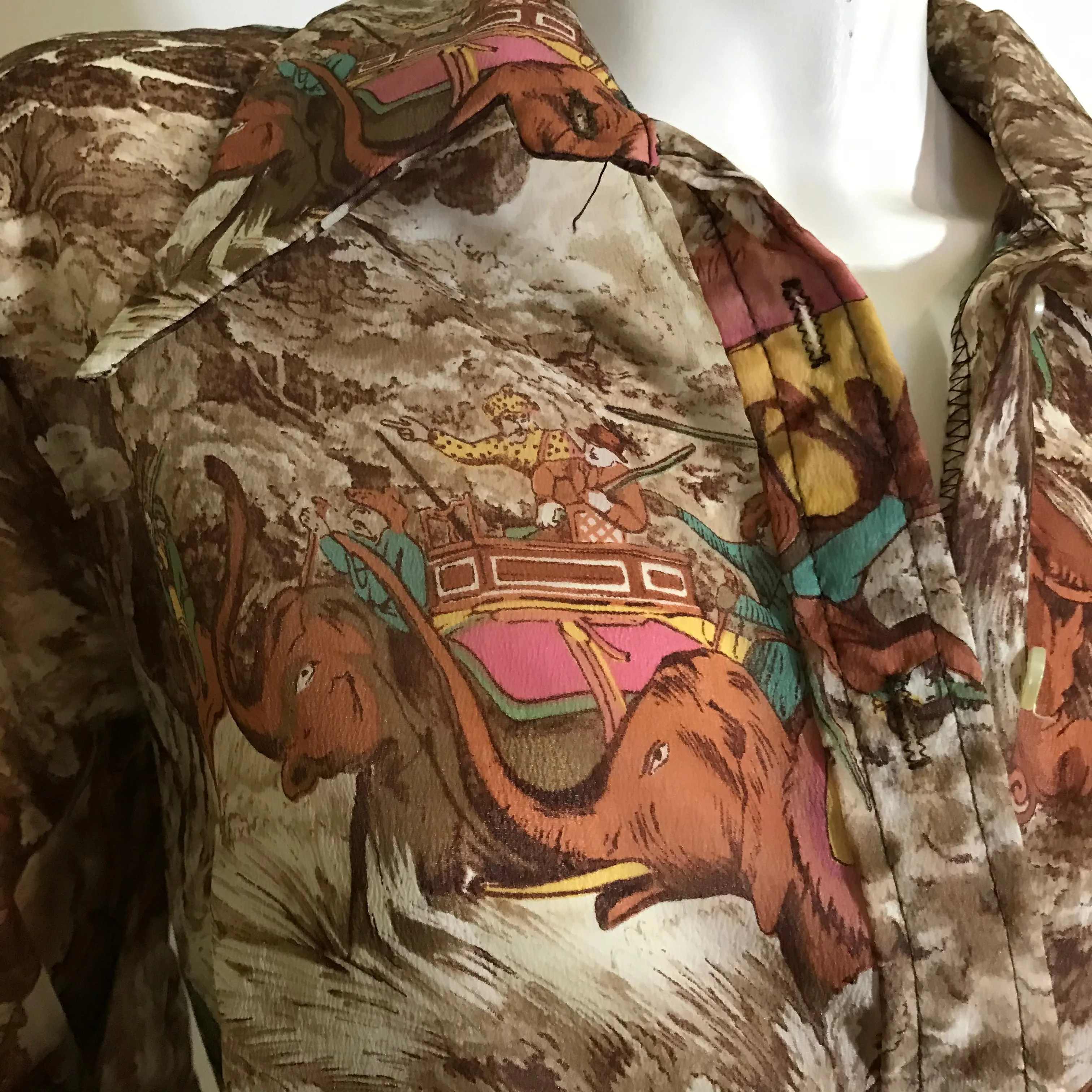 Fantastical Elephant Hunting Safari Semi-Sheer Novelty Print Blouse circa 1970s