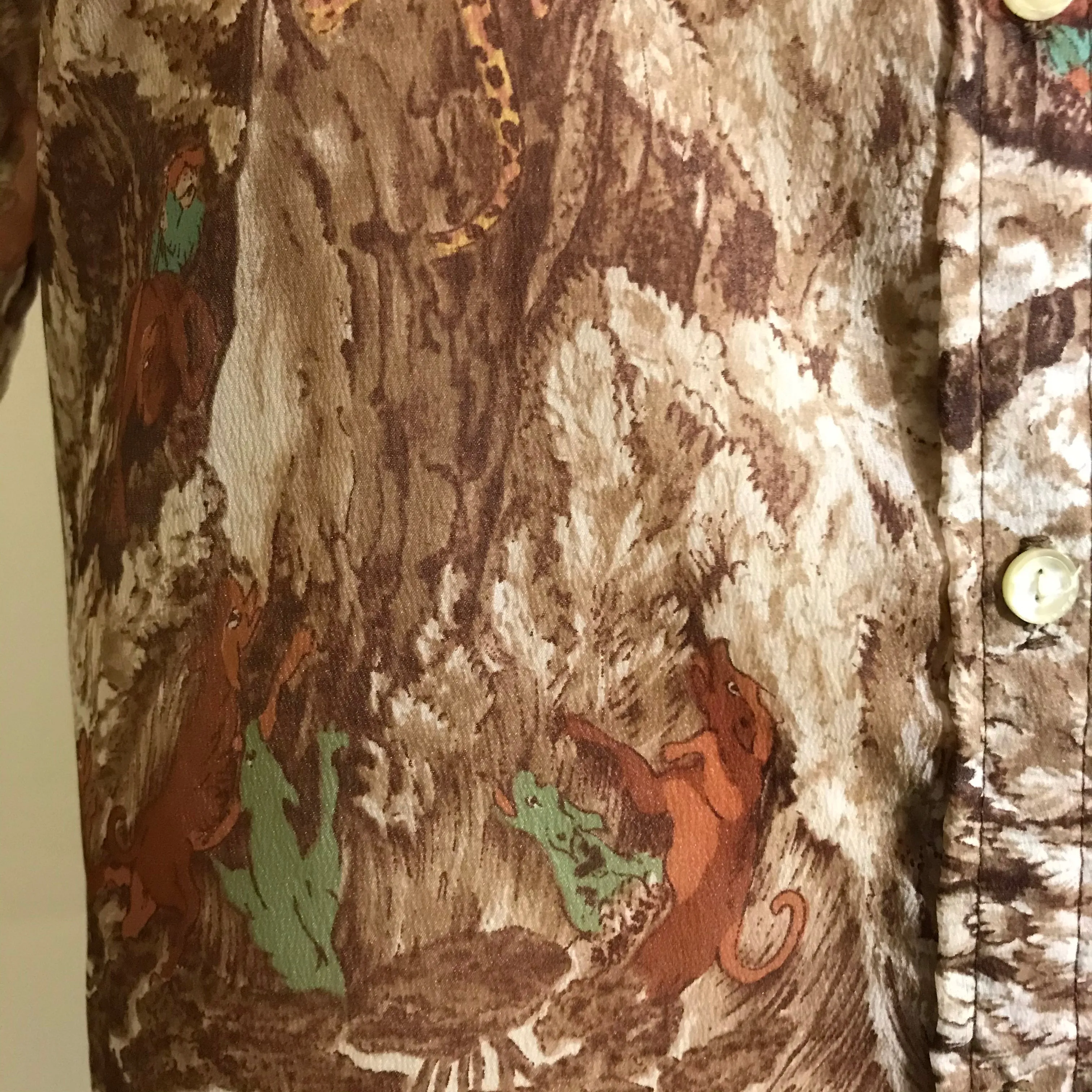 Fantastical Elephant Hunting Safari Semi-Sheer Novelty Print Blouse circa 1970s