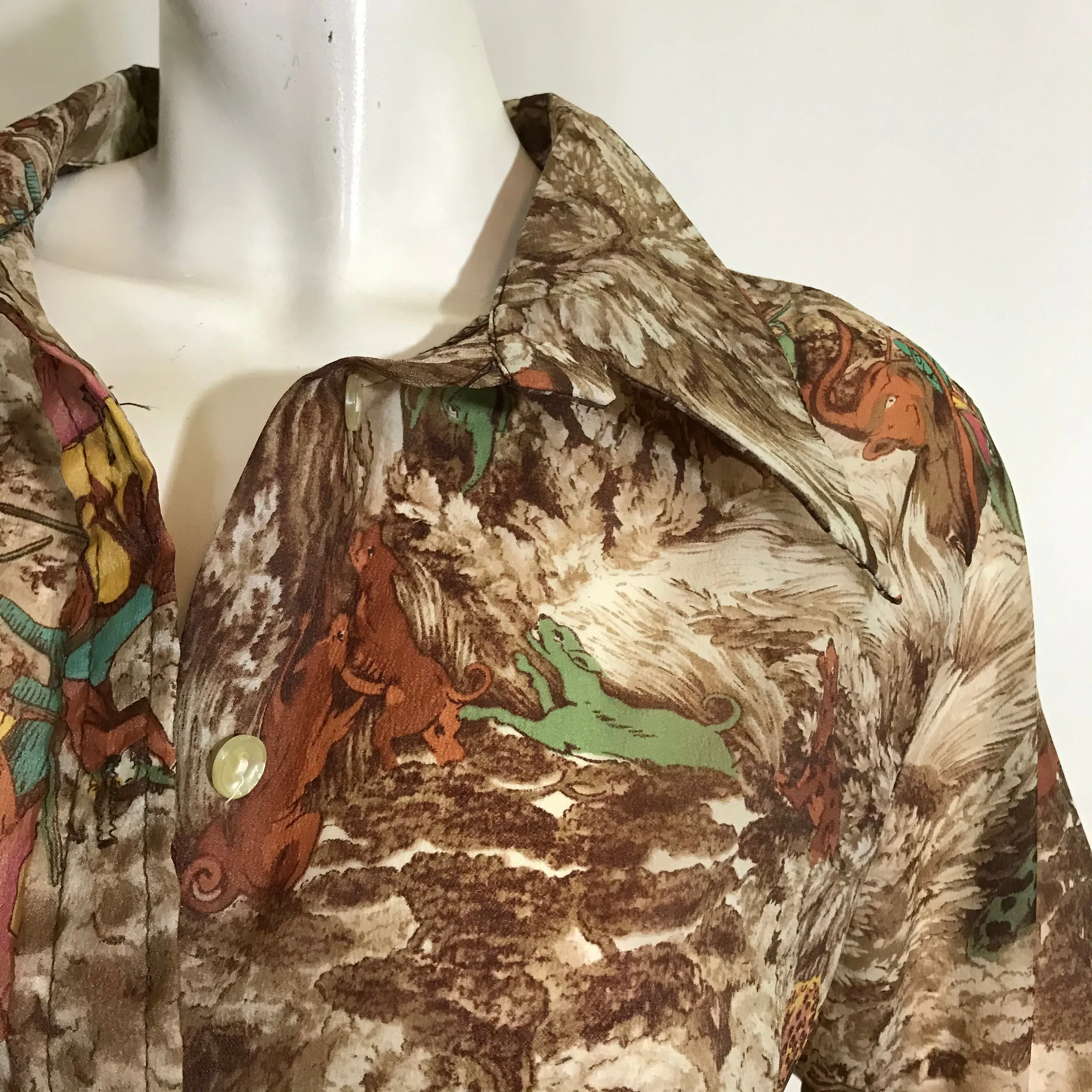 Fantastical Elephant Hunting Safari Semi-Sheer Novelty Print Blouse circa 1970s