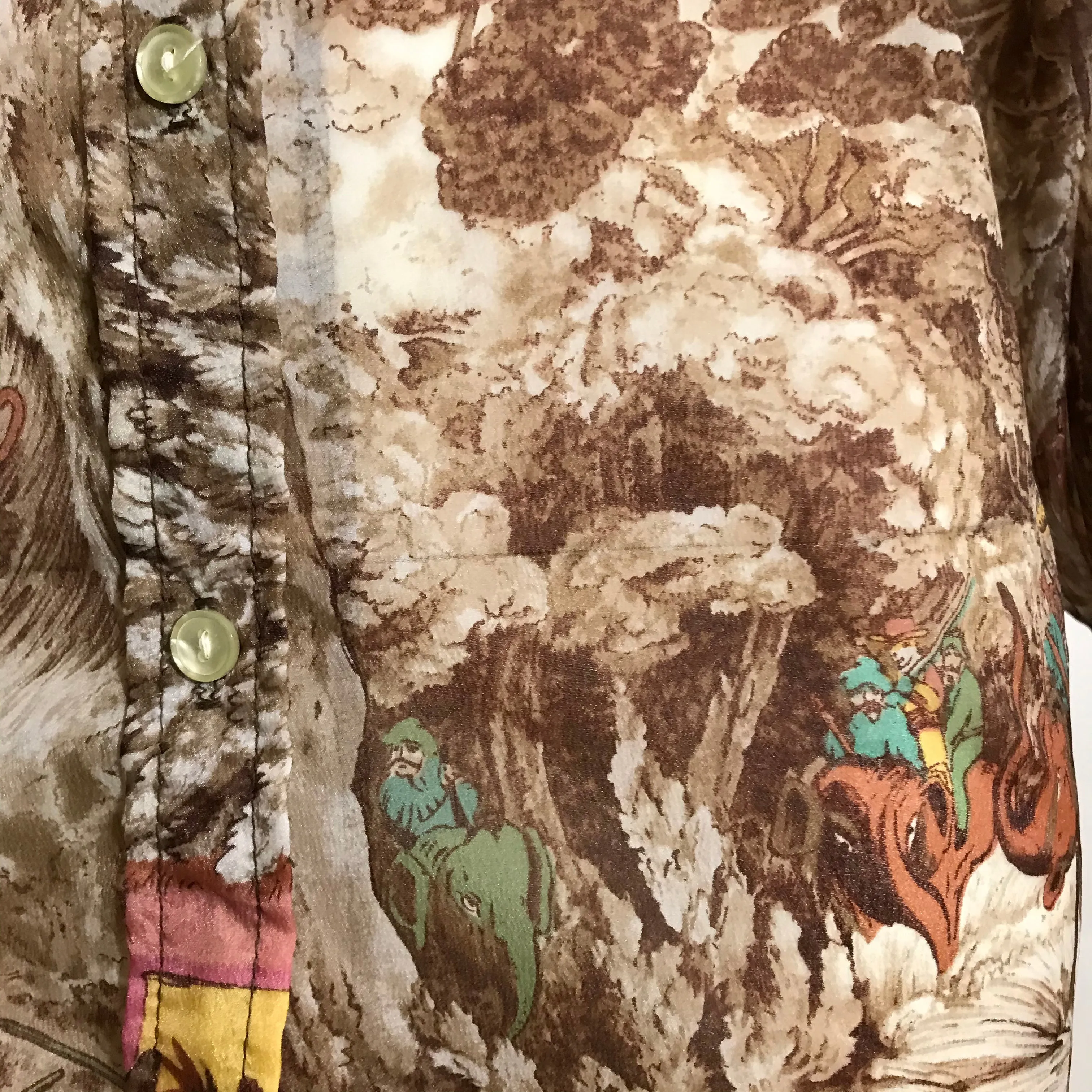 Fantastical Elephant Hunting Safari Semi-Sheer Novelty Print Blouse circa 1970s