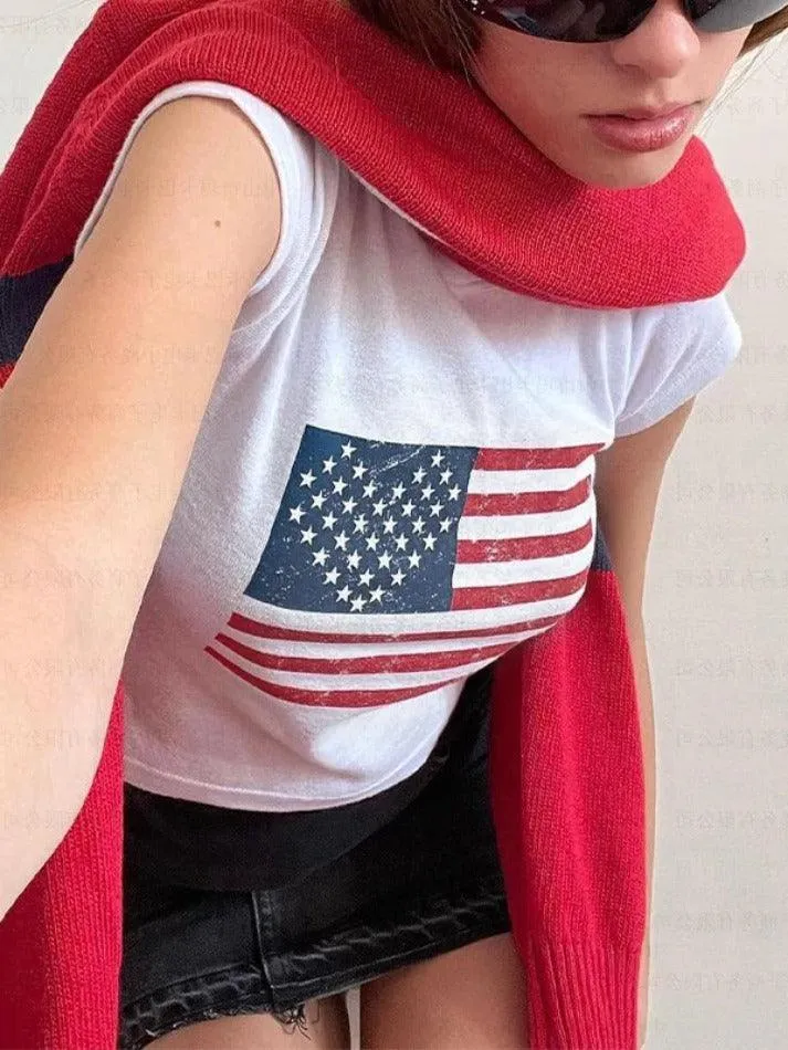 Flag Print Crew Neck Short Sleeve Tee