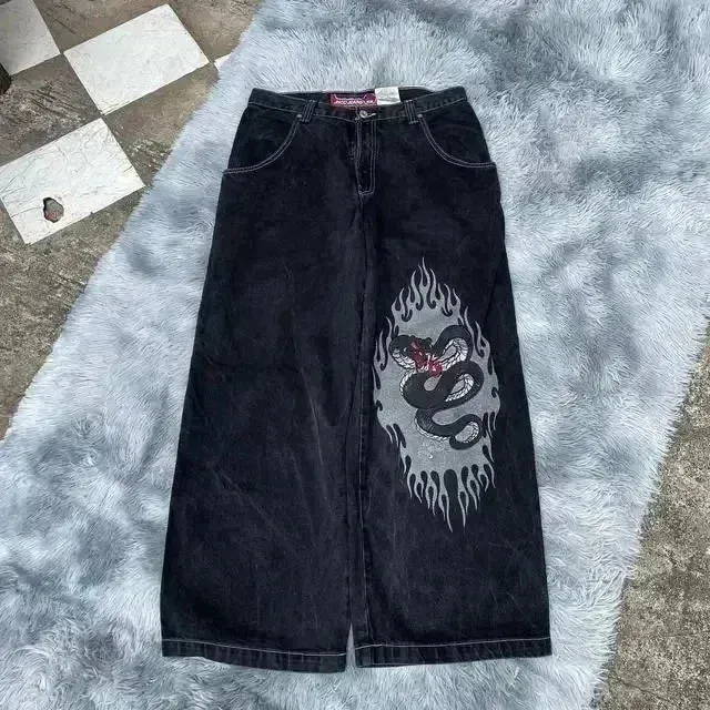 Getadme Jeans New Y2K Women Harajuku Retro Hip Hop Cartoon Embroidery Baggy Jeans Black Pants High Waisted Wide Trousers Streetwear