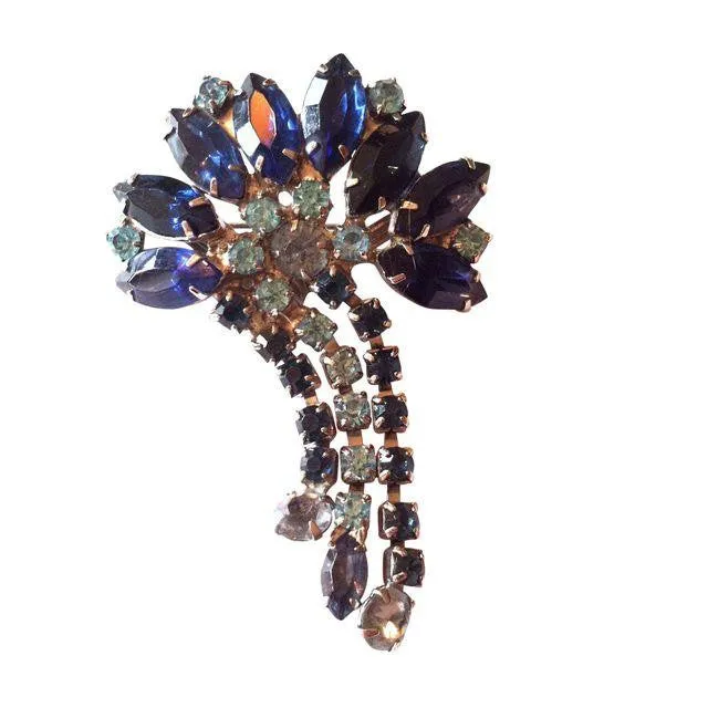 Glamorous Blue Rhinestone Brooch w/ Dangles circa 1960s