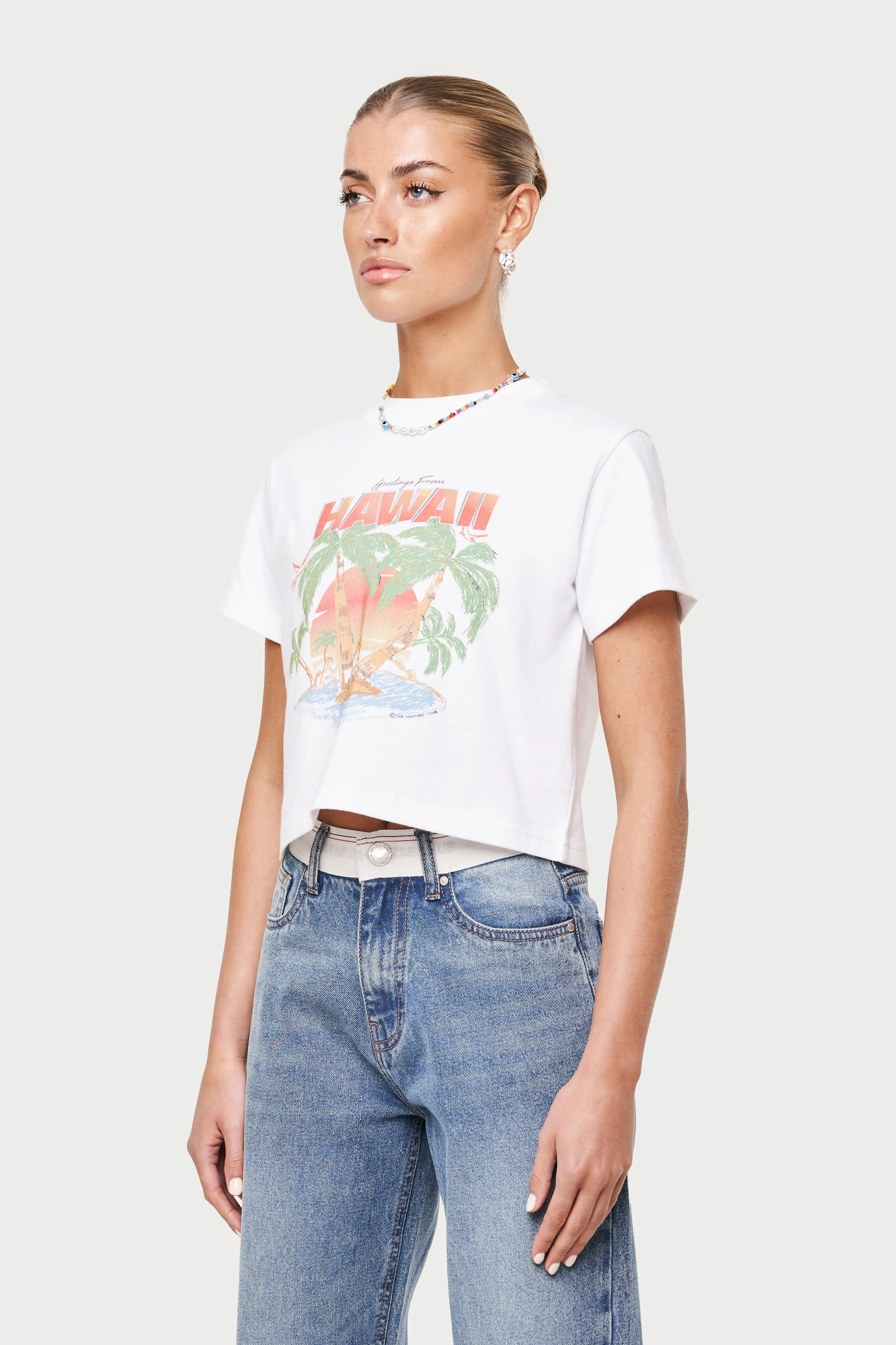 HAWAIIAN PRINT CROPPED T-SHIRT - WHITE