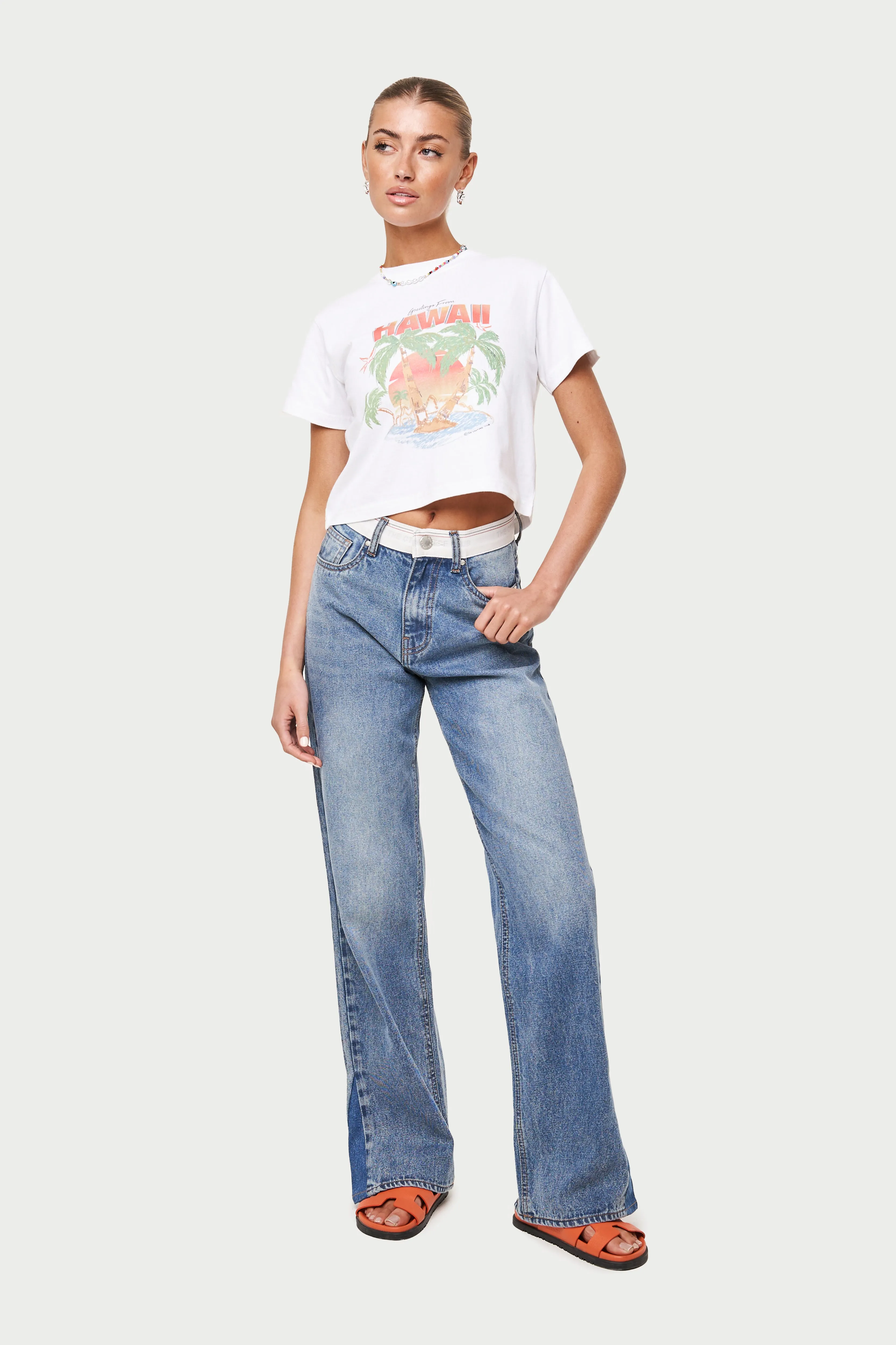 HAWAIIAN PRINT CROPPED T-SHIRT - WHITE