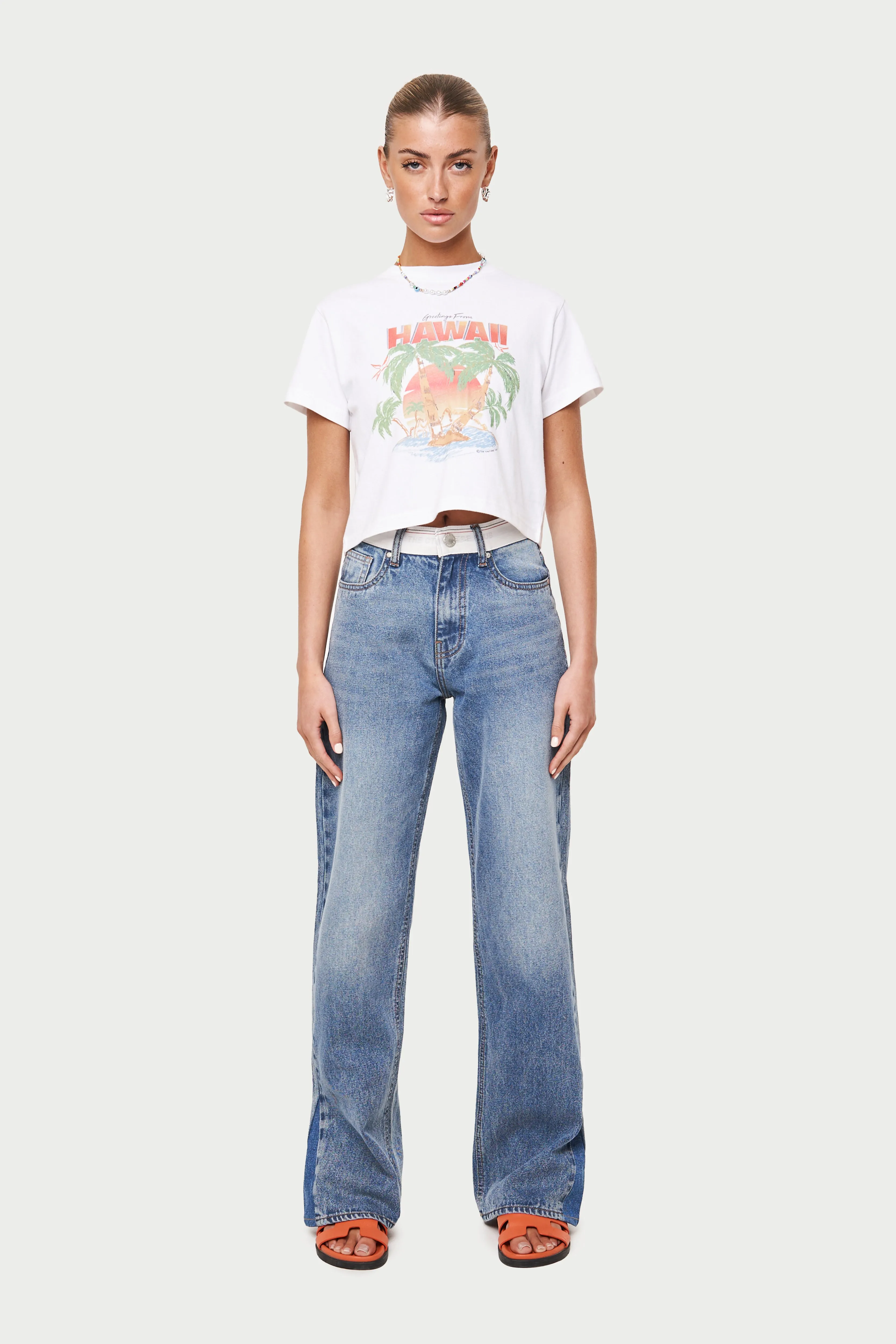 HAWAIIAN PRINT CROPPED T-SHIRT - WHITE