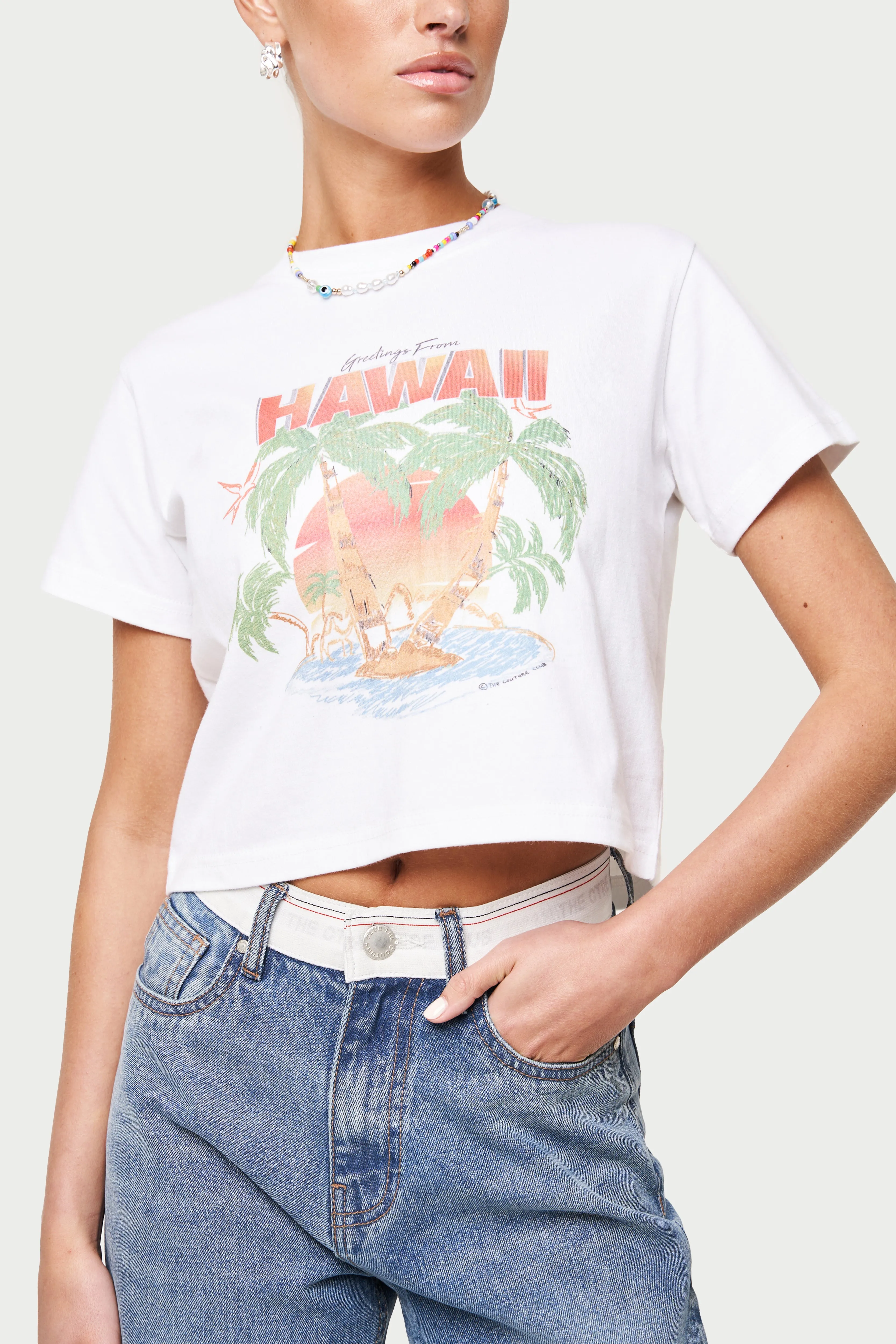 HAWAIIAN PRINT CROPPED T-SHIRT - WHITE