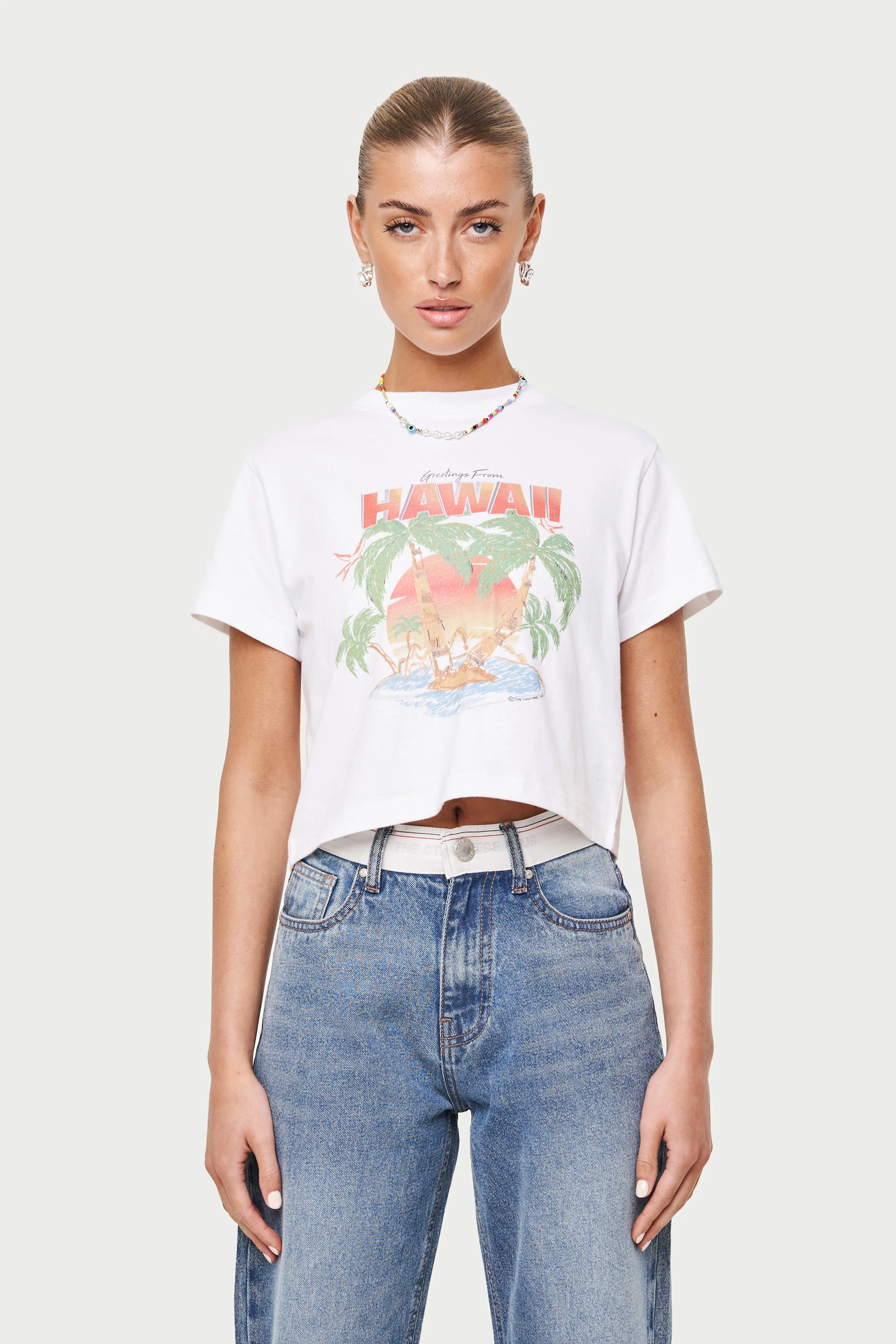 HAWAIIAN PRINT CROPPED T-SHIRT - WHITE