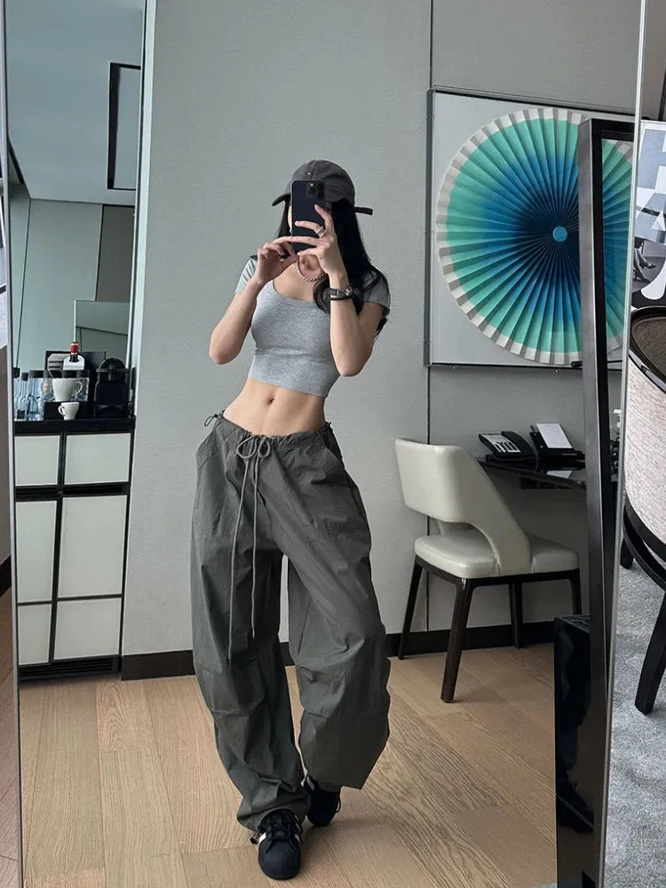 HOUZHOU Y2k Black Parachute Pants Women Wide Cargo Trousers Vintage Oversized Japanese Style Casual Pleated Joggers Streetwear