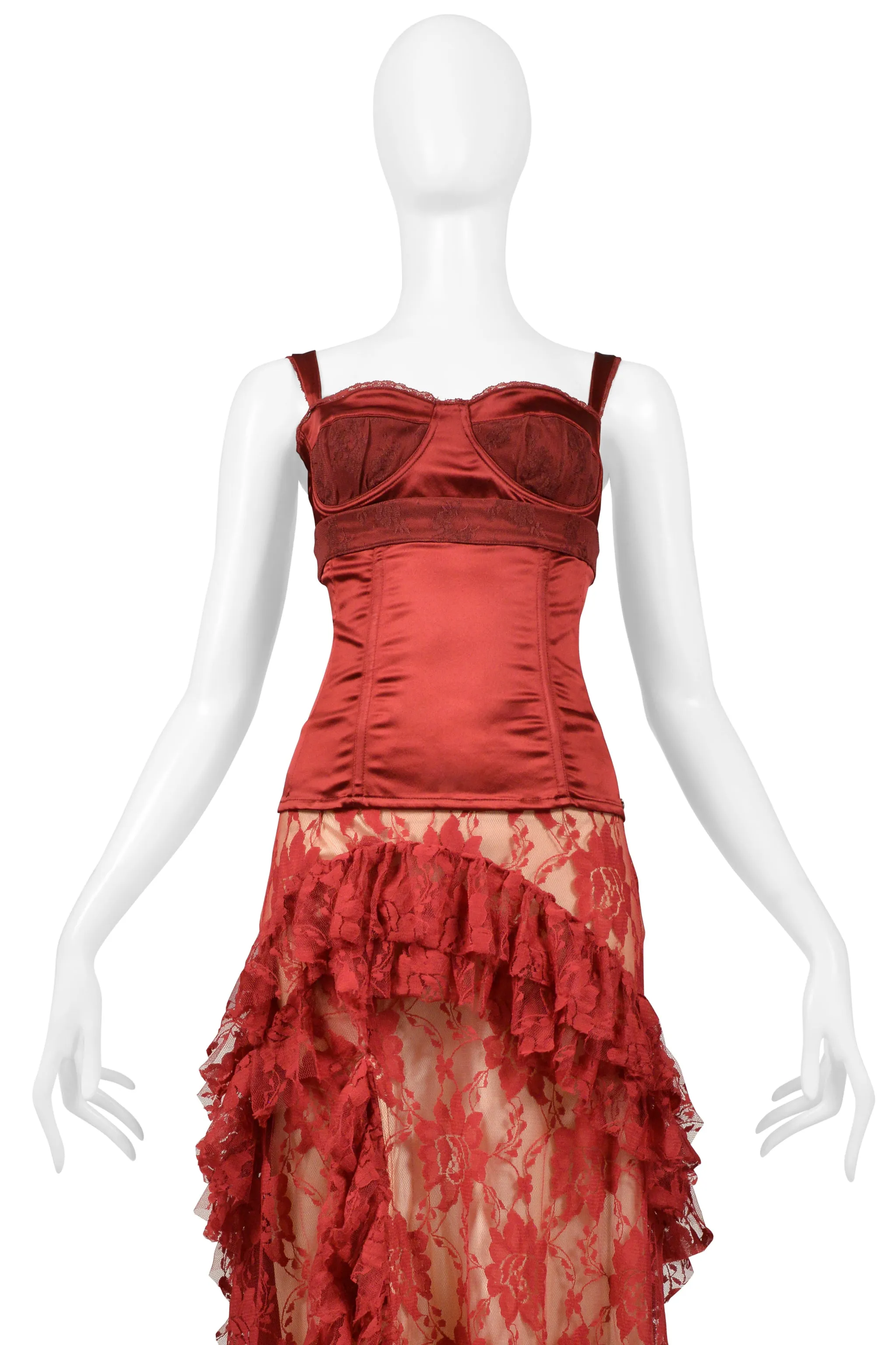 JOHN GALLIANO BURGUNDY LACE BALLGOWN SKIRT & CORSET TOP