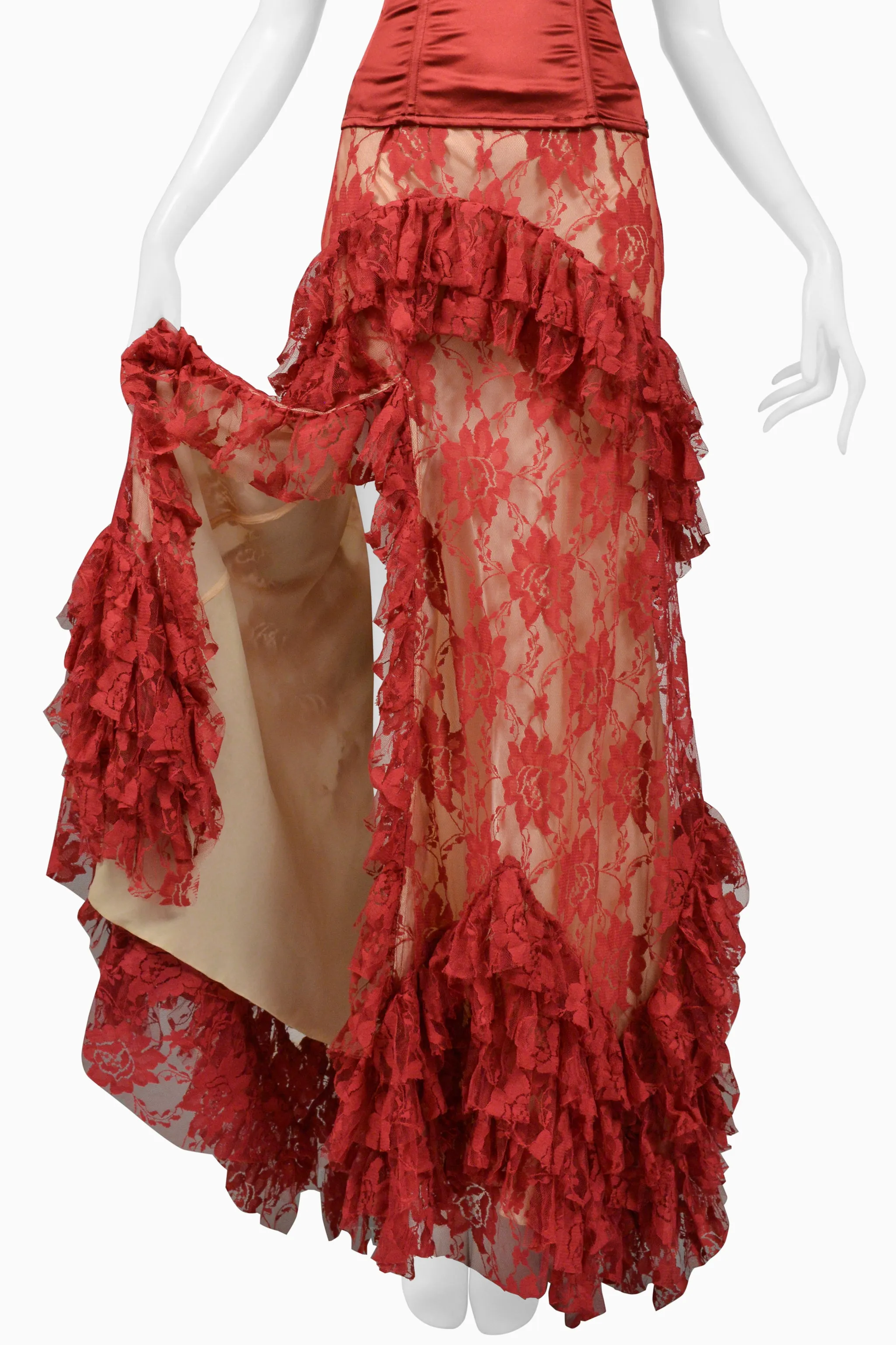 JOHN GALLIANO BURGUNDY LACE BALLGOWN SKIRT & CORSET TOP