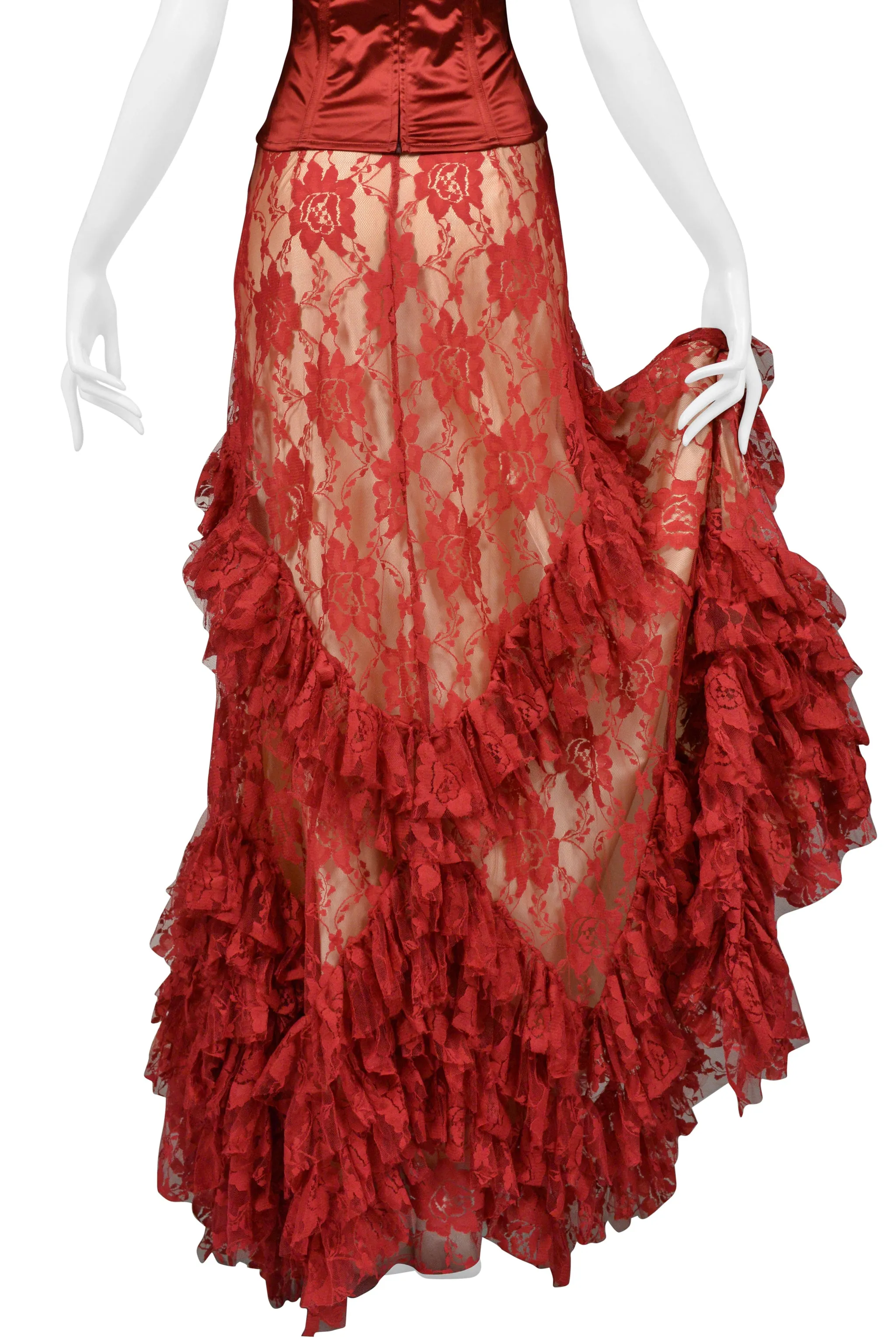 JOHN GALLIANO BURGUNDY LACE BALLGOWN SKIRT & CORSET TOP