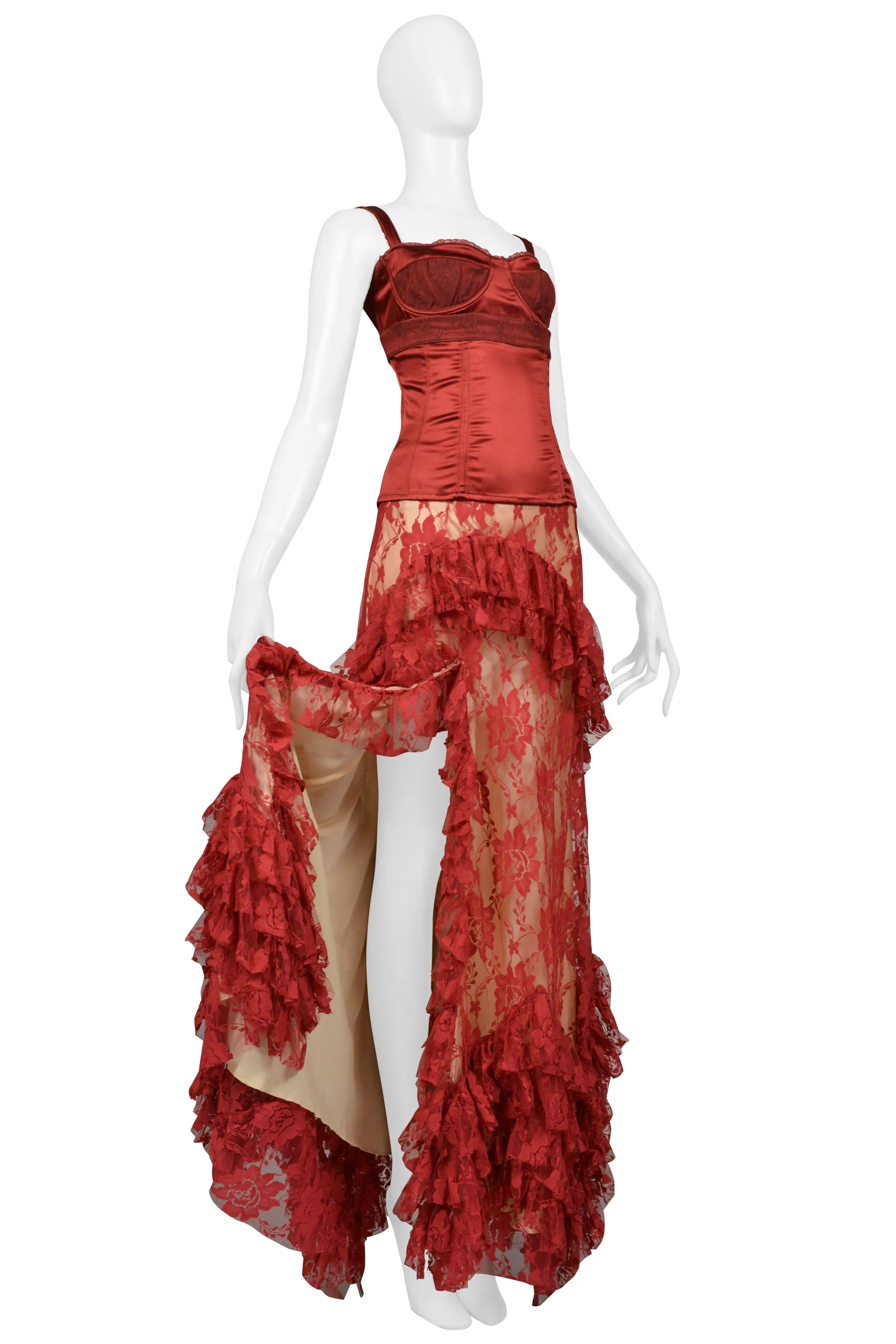 JOHN GALLIANO BURGUNDY LACE BALLGOWN SKIRT & CORSET TOP