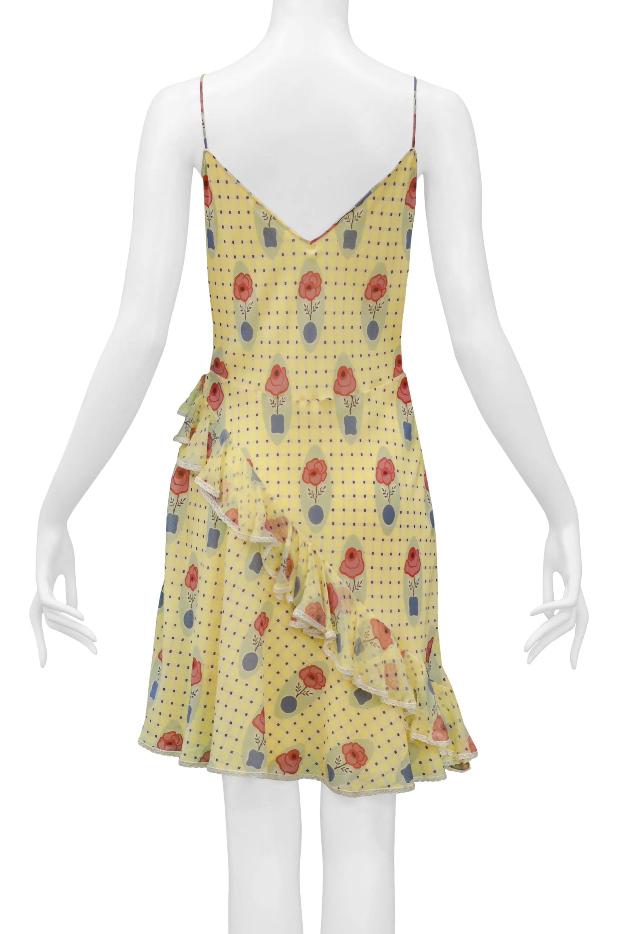 JOHN GALLIANO YELLOW CHECK SLIP DRESS WITH FLOWER POT PATTERN & WHITE LACE TRIM