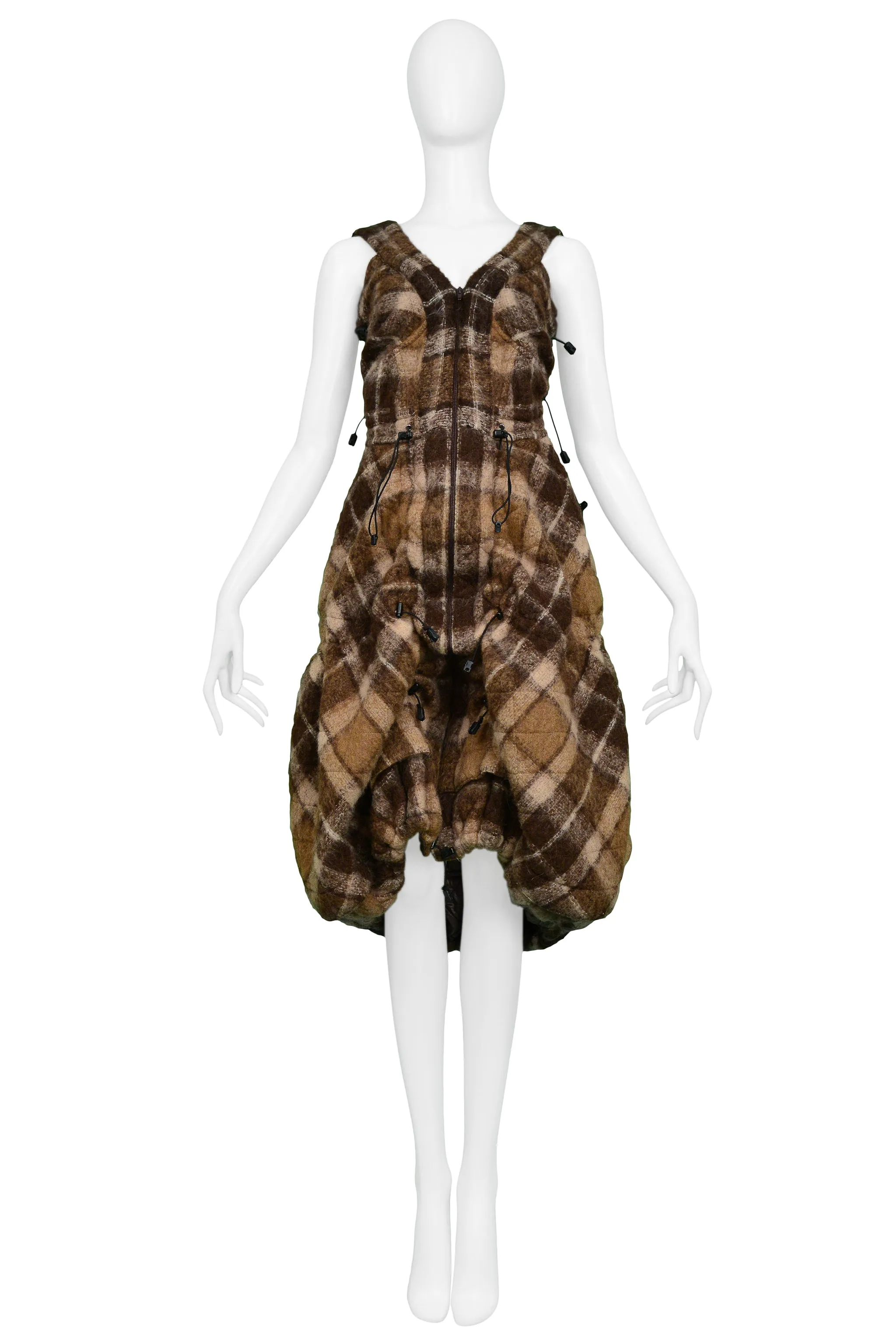 JUNYA WATANABE BROWN PLAID WOOL DRAWSTRING DRESS 2005