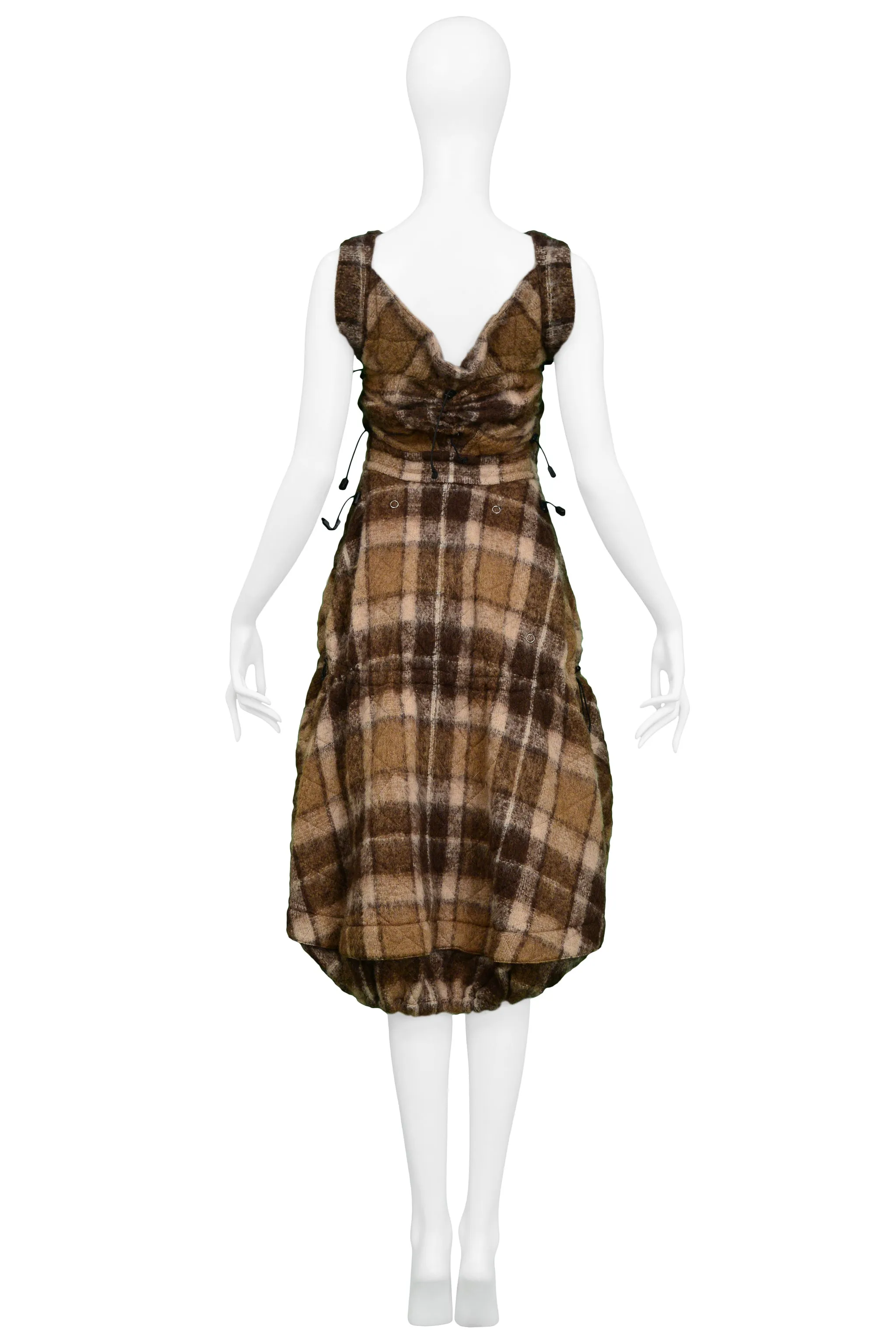 JUNYA WATANABE BROWN PLAID WOOL DRAWSTRING DRESS 2005