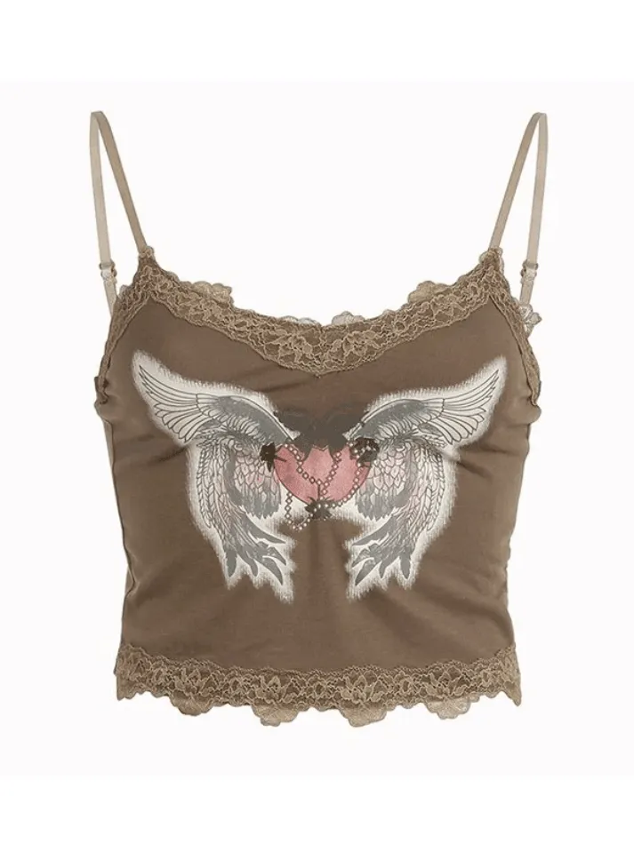 Lace Paneled Winged Heart Crop Cami Top