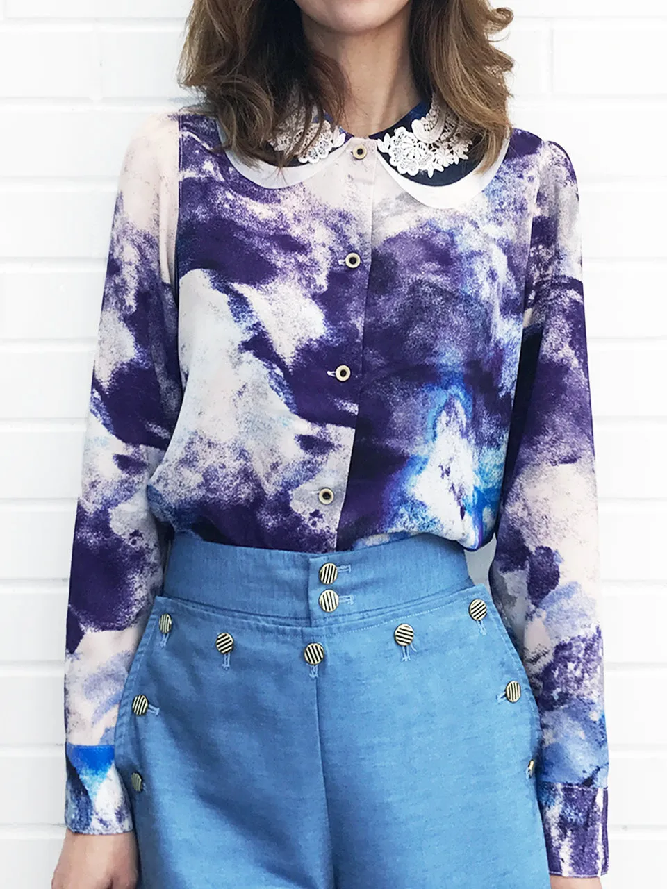 Last Chance! Double Peter Pan Lace Collar Print Blouse