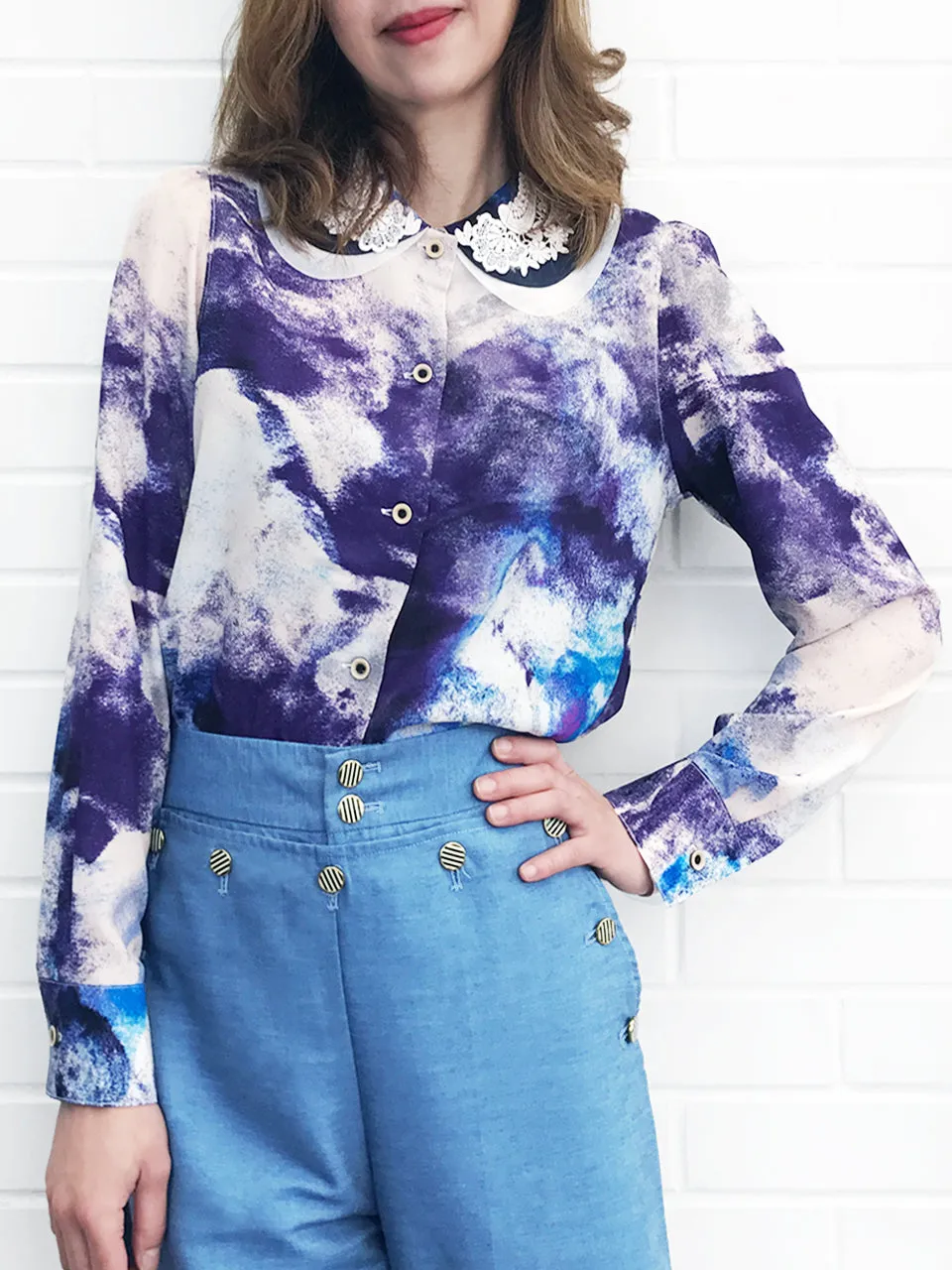 Last Chance! Double Peter Pan Lace Collar Print Blouse