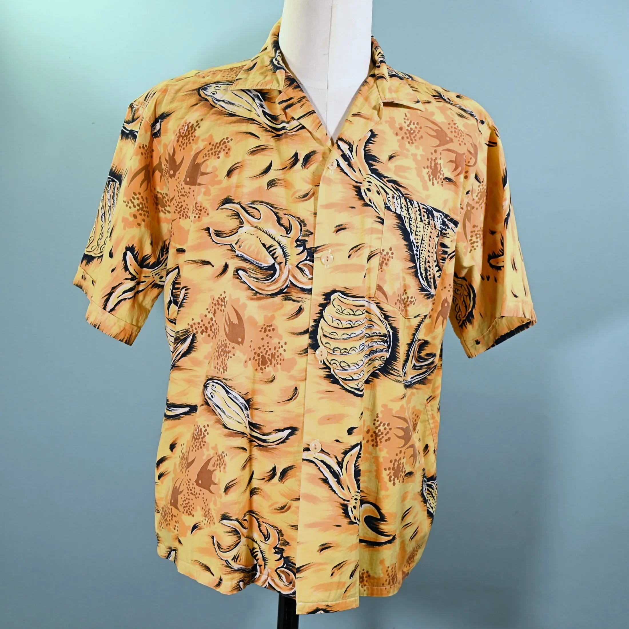 Paradise 50s Vintage Hawaiian Shirt, Fish Seashells Underwater Aloha Shirt, L