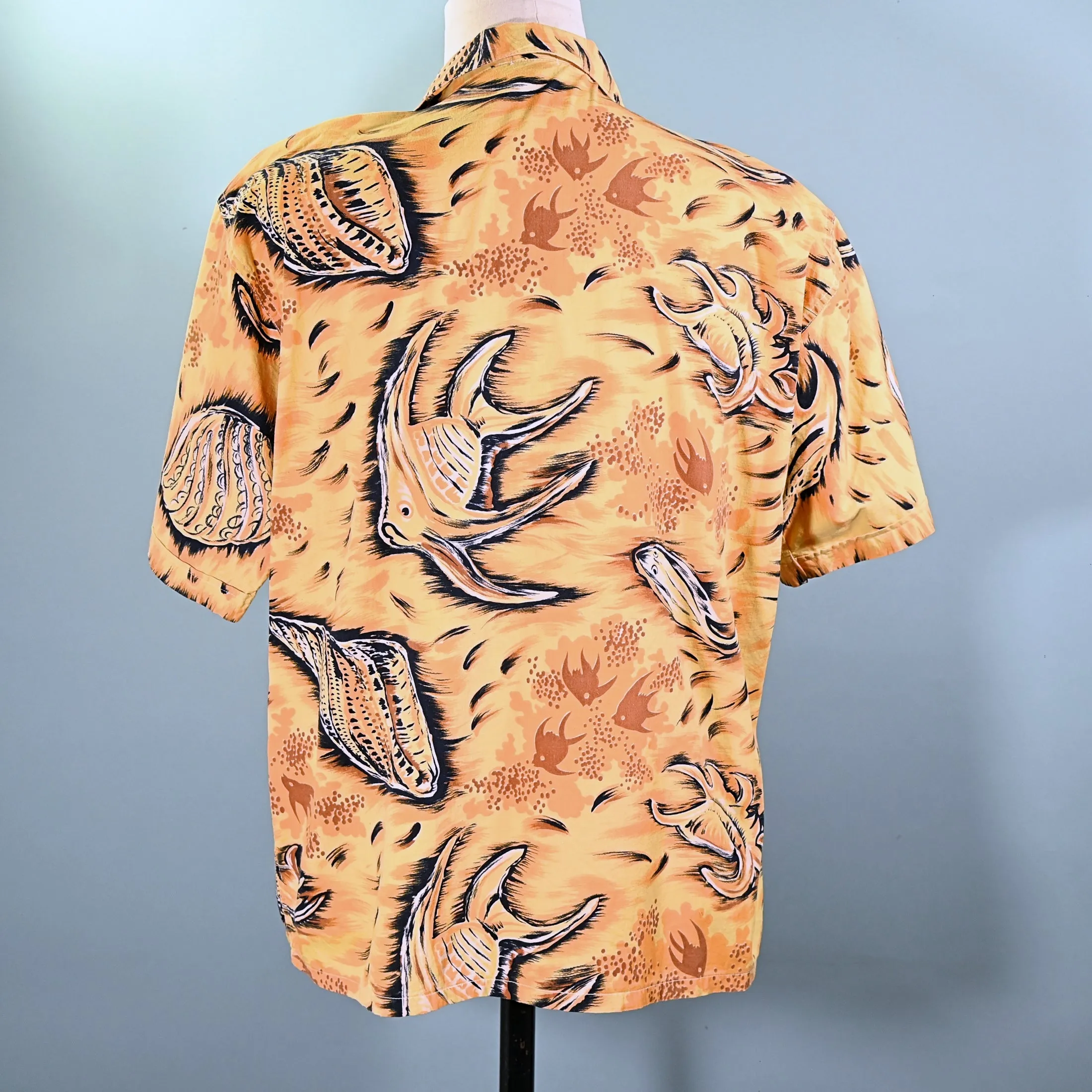 Paradise 50s Vintage Hawaiian Shirt, Fish Seashells Underwater Aloha Shirt, L