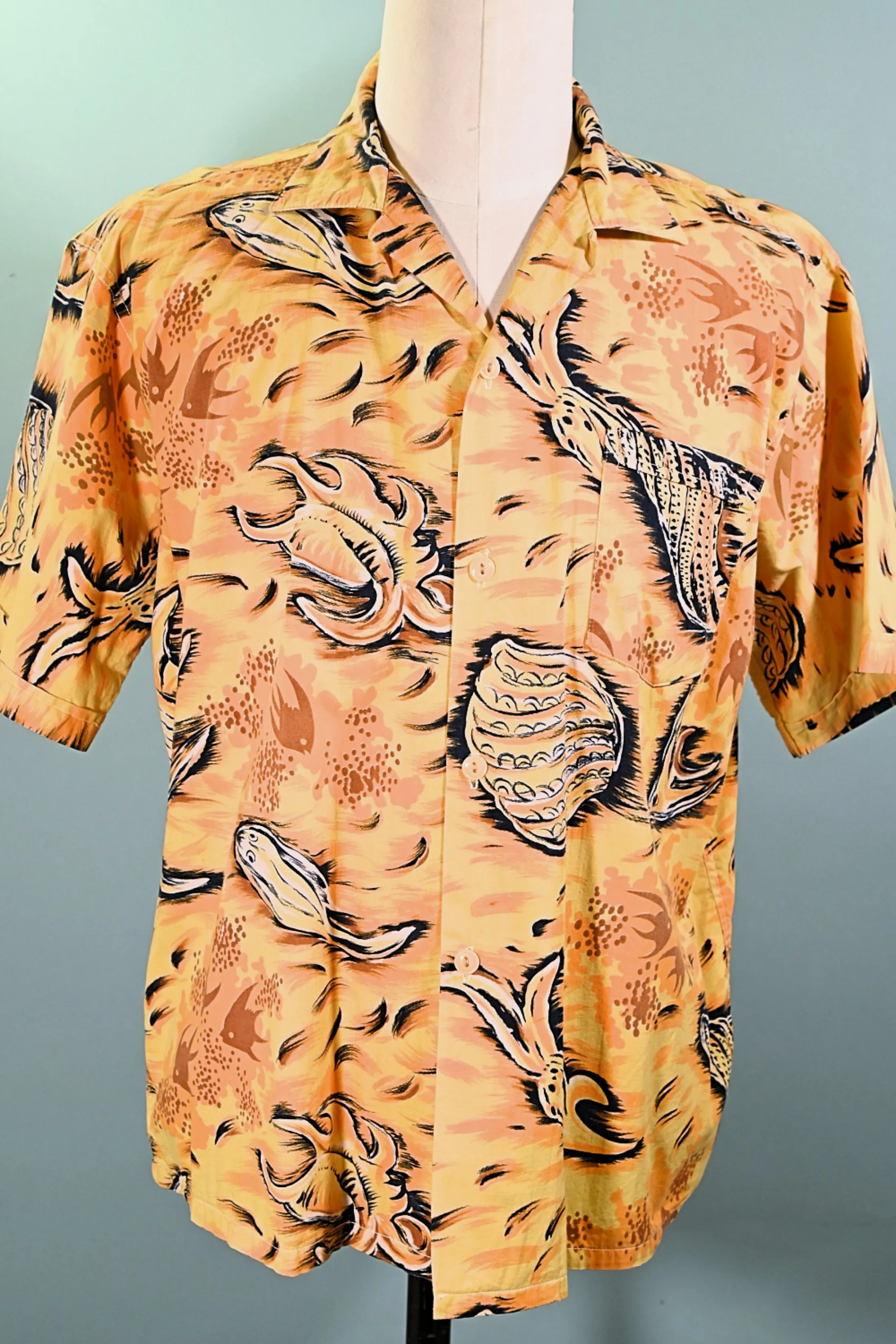 Paradise 50s Vintage Hawaiian Shirt, Fish Seashells Underwater Aloha Shirt, L