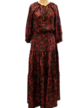 Printed Silk Roses dress with 3/4 sleeves and tired skirt