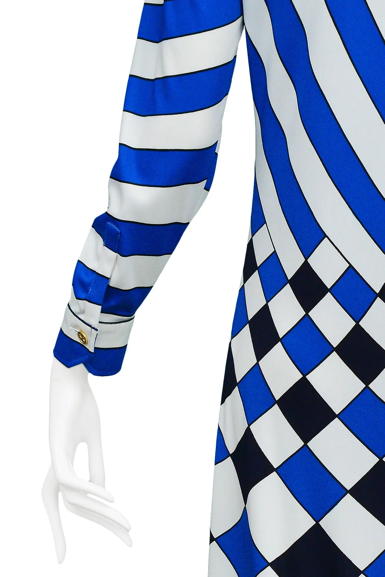 ROBERTA DI CAMERINO TROMPE L'OEIL BLUE, WHITE &amp; BLACK CHECK MAXI DRESS