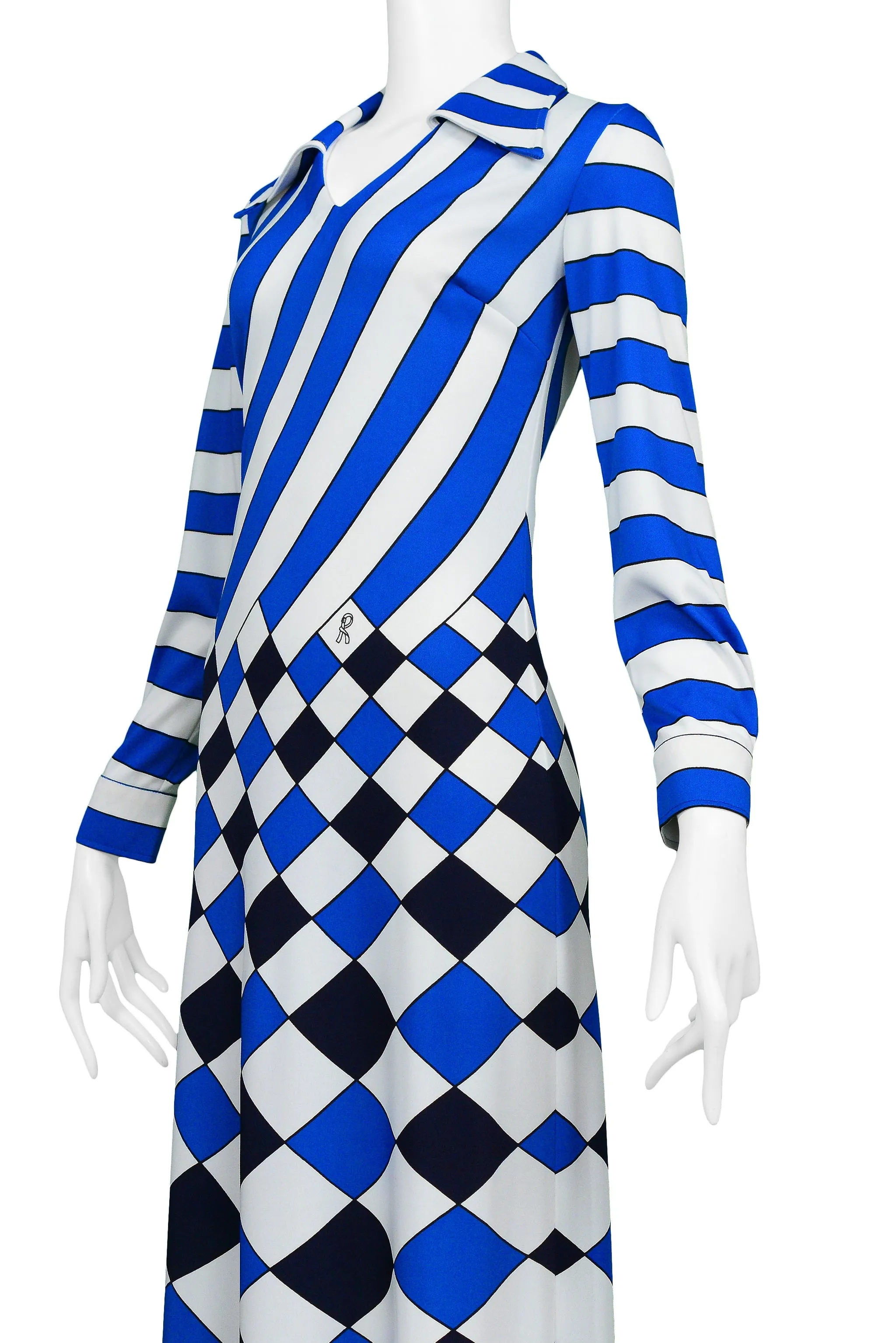 ROBERTA DI CAMERINO TROMPE L'OEIL BLUE, WHITE &amp; BLACK CHECK MAXI DRESS