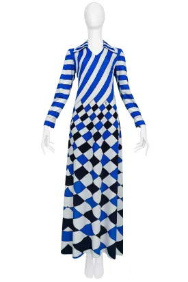 ROBERTA DI CAMERINO TROMPE L'OEIL BLUE, WHITE &amp; BLACK CHECK MAXI DRESS