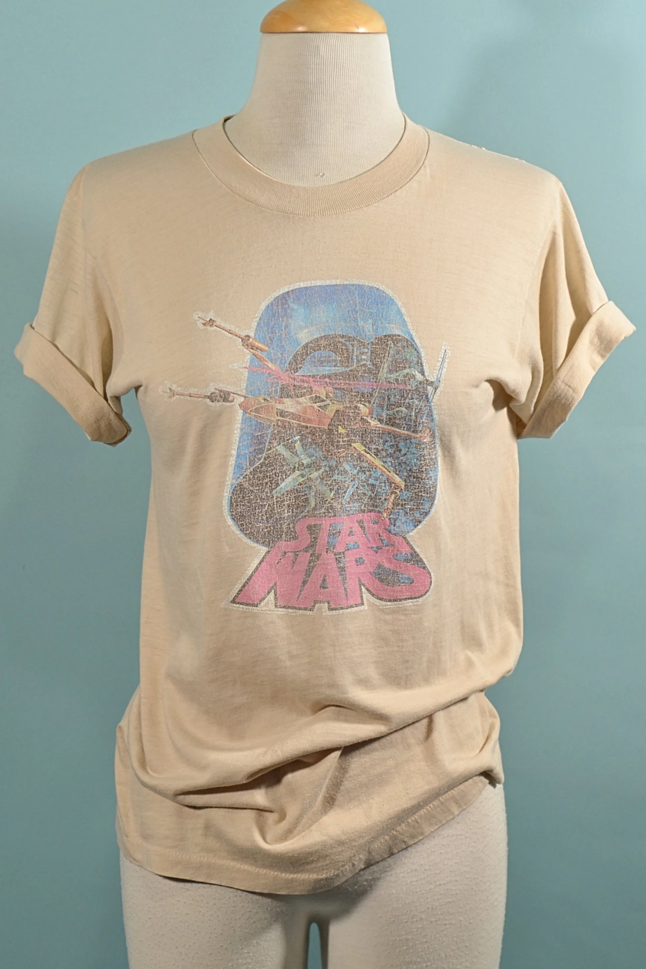 SOLD Vintage 70s Star Wars T Shirt, Darth Vader Star Fighters, Well Worn Faded S