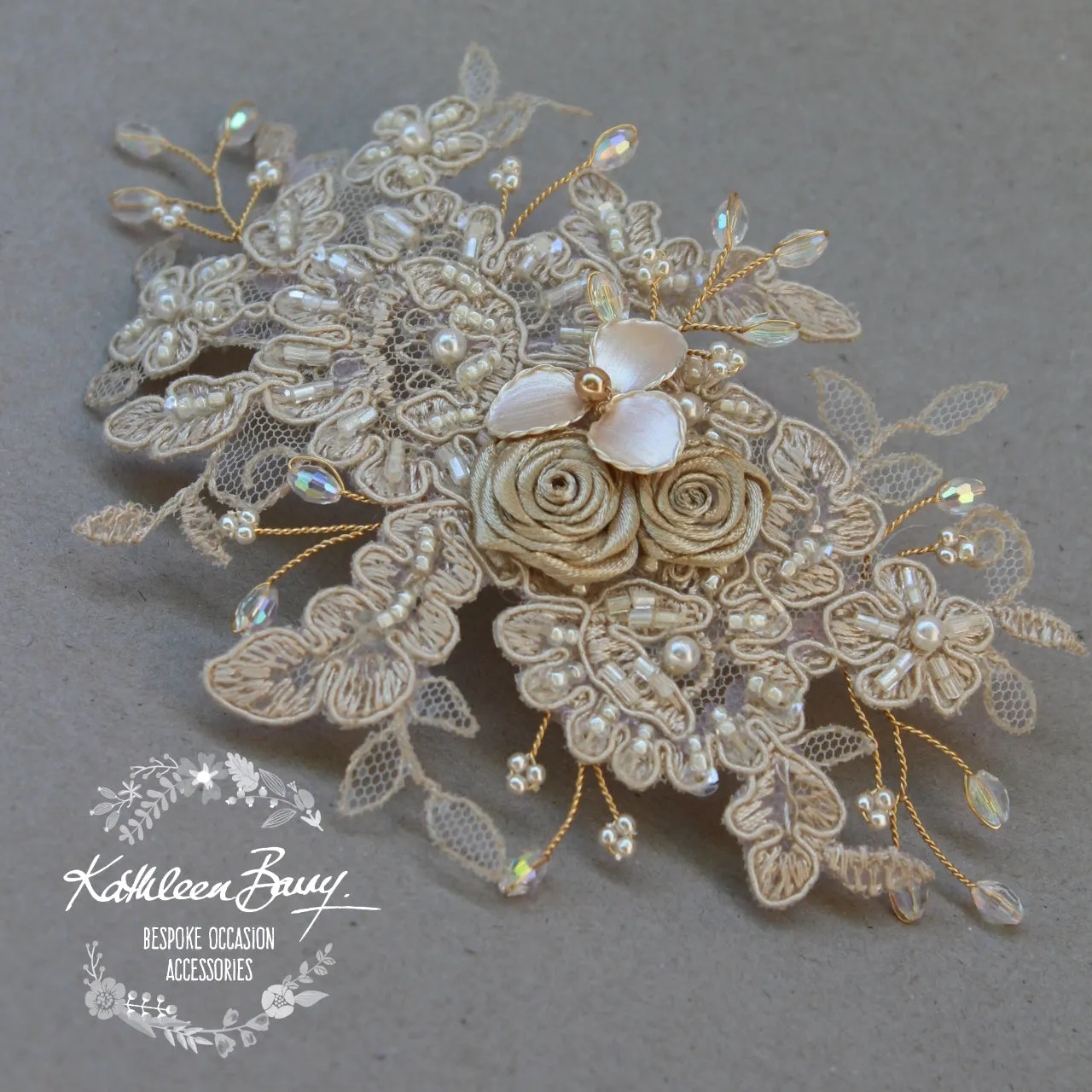 Stephni Champagne Lace hairpiece vintage bridal wedding bridal veil clip