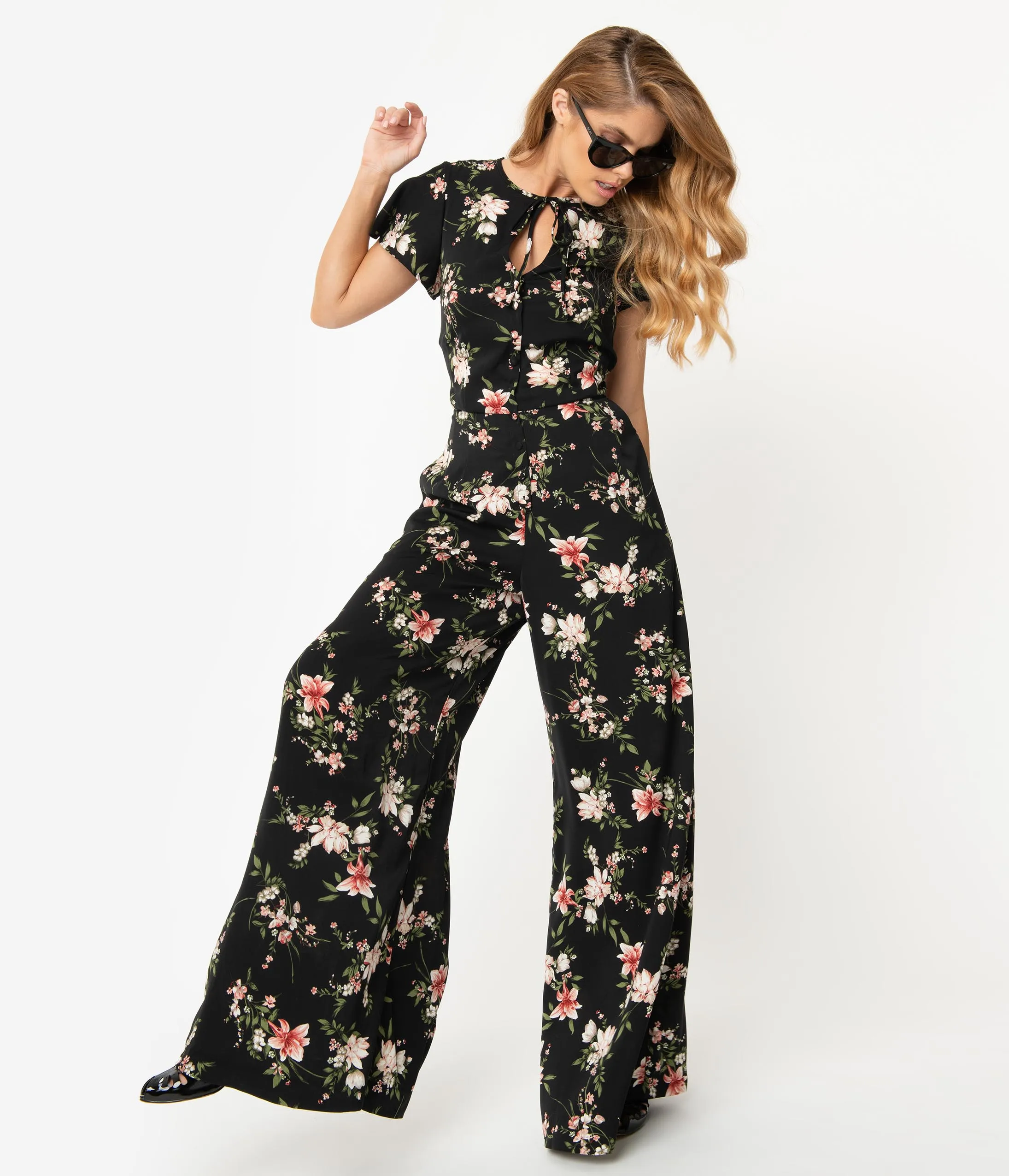 Unique Vintage 1960s Black & Pink Floral Orleans Jumpsuit